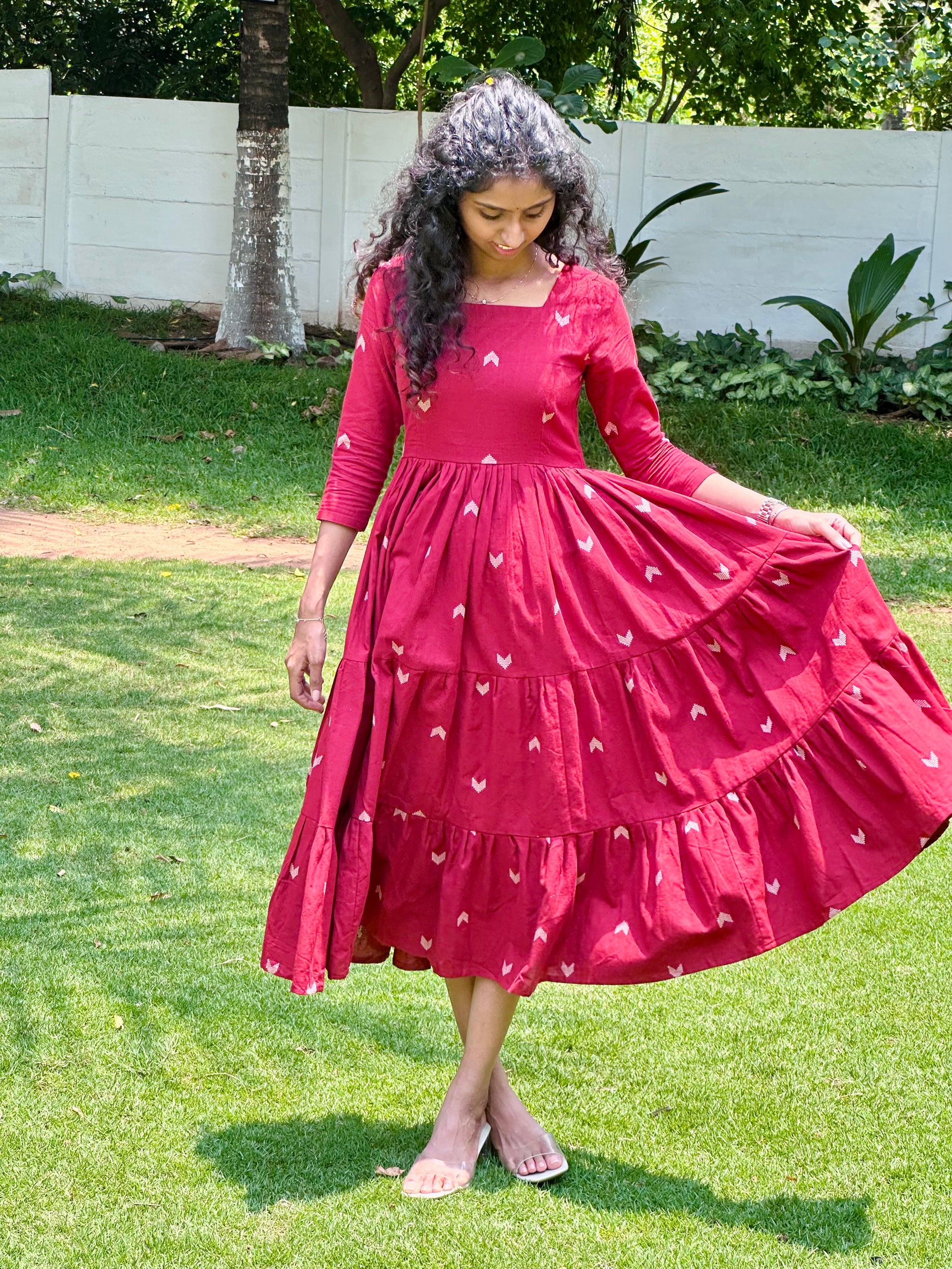 Red Handloom 3-Tier Maxi Dress
