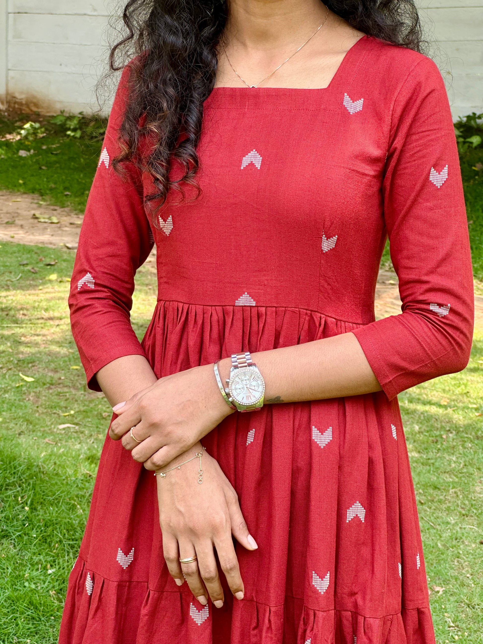Red Handloom 3-Tier Maxi Dress