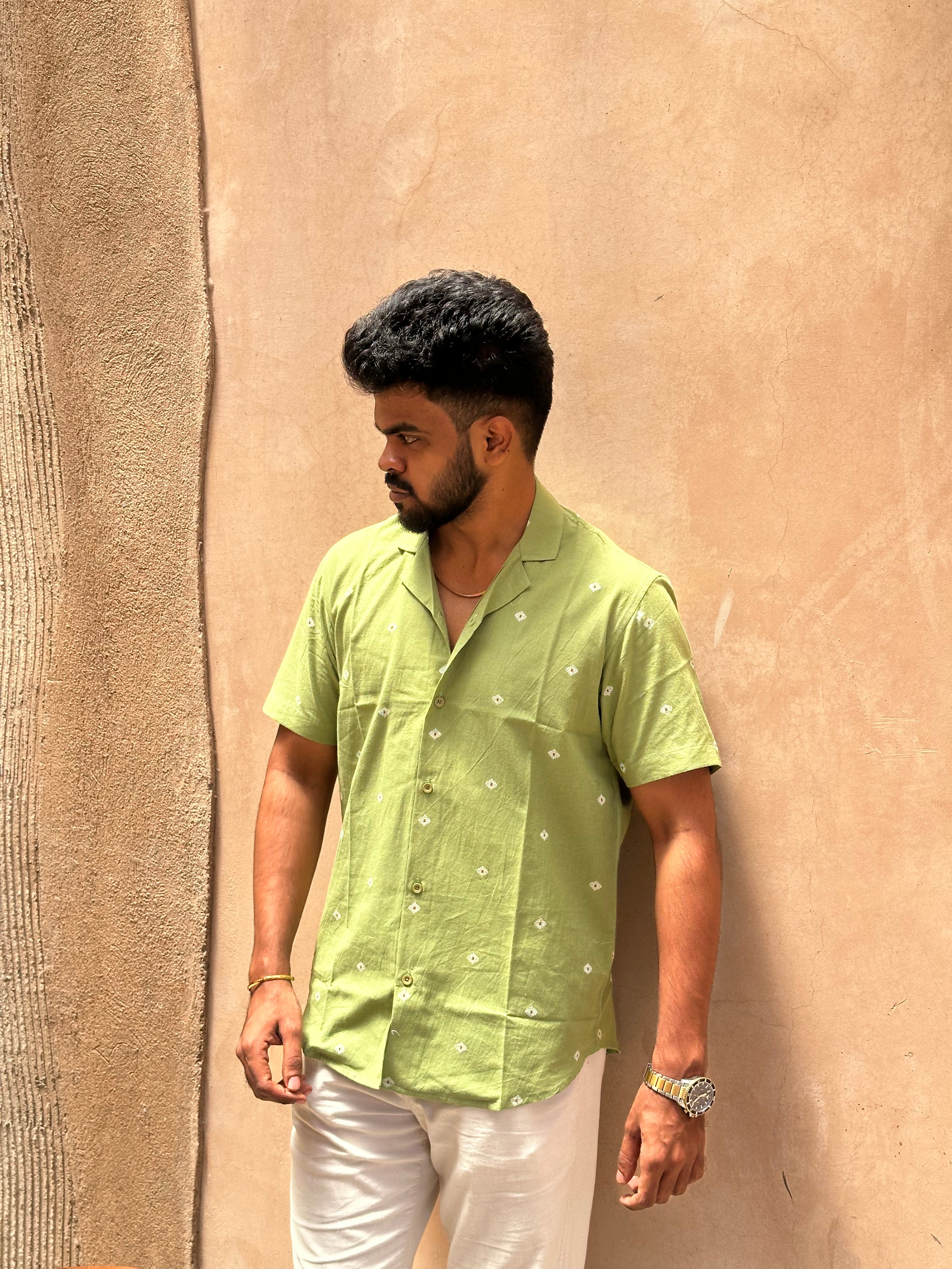 Green Handloom Shirt with White Motifs