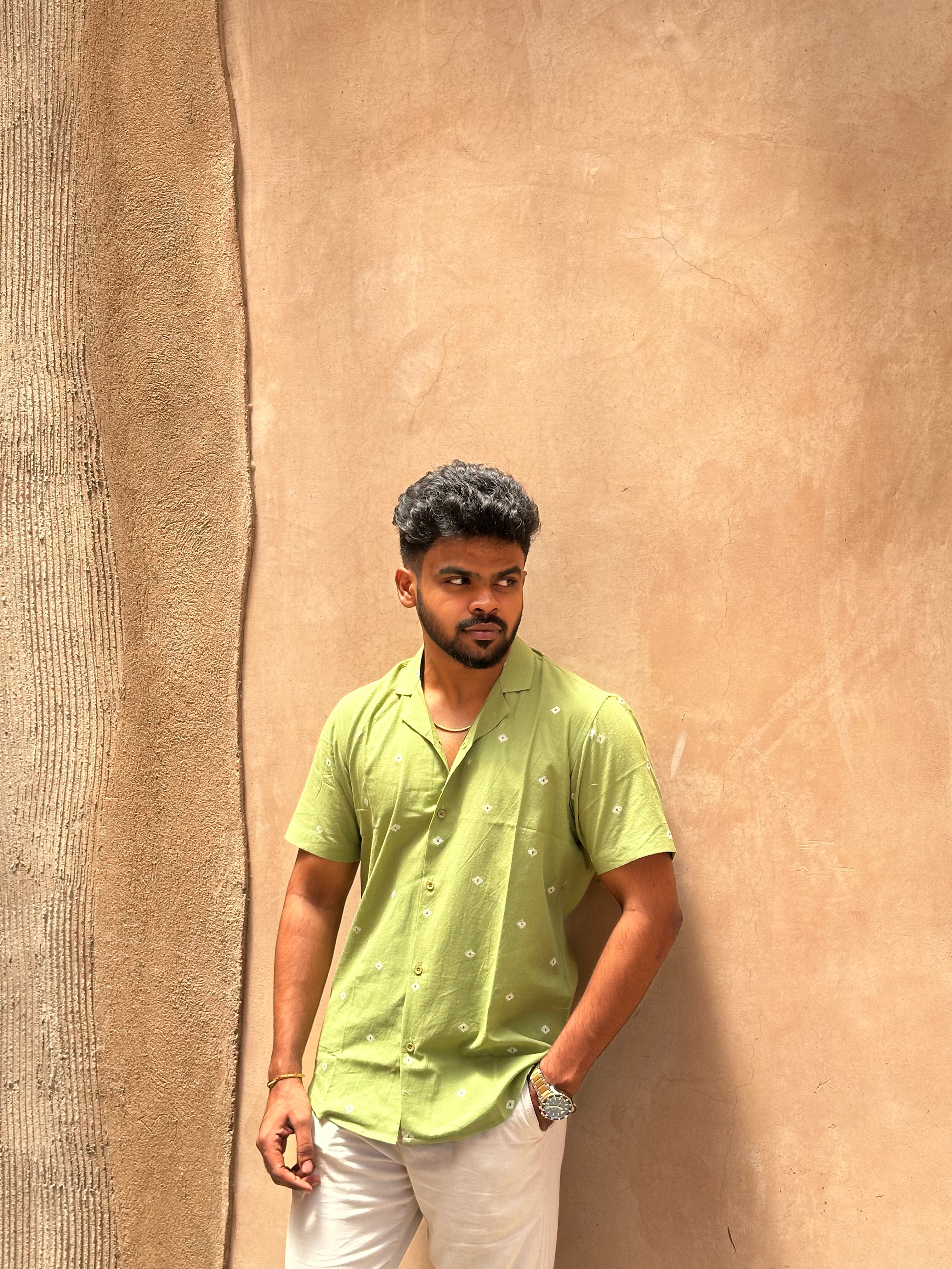 Green Handloom Shirt with White Motifs