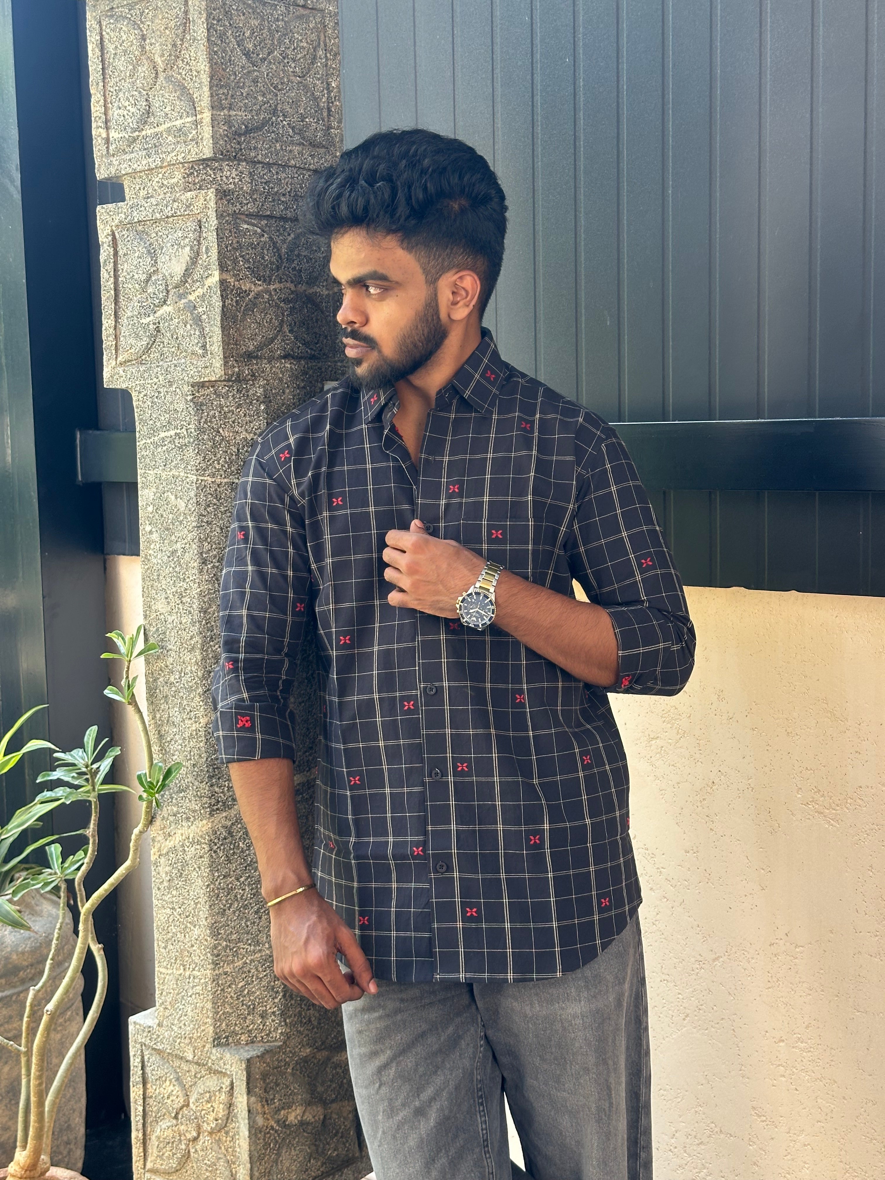 Black Checks Handloom Shirt with Red Motifs
