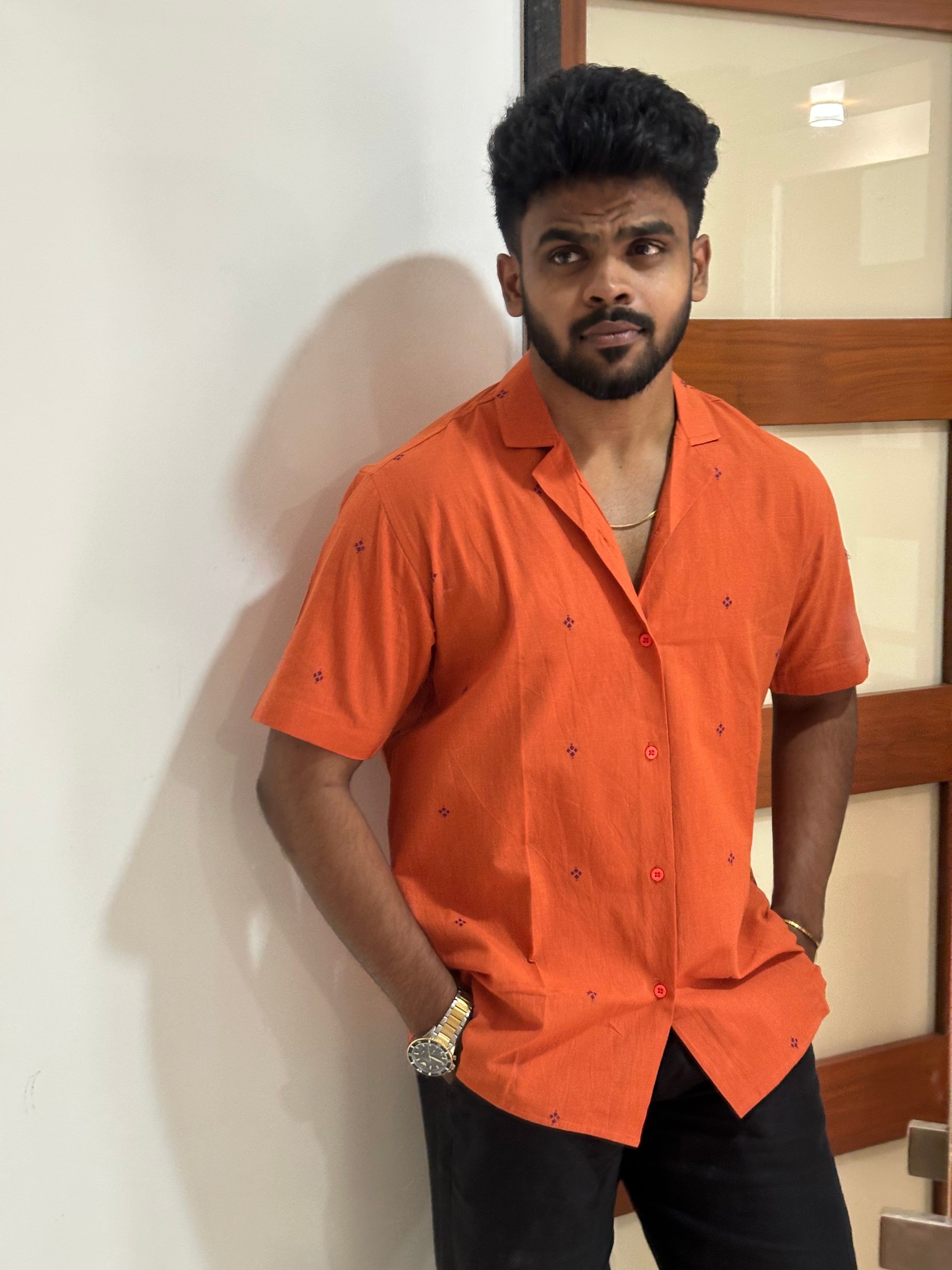 Orange Handloom Shirt with Purple Motifs