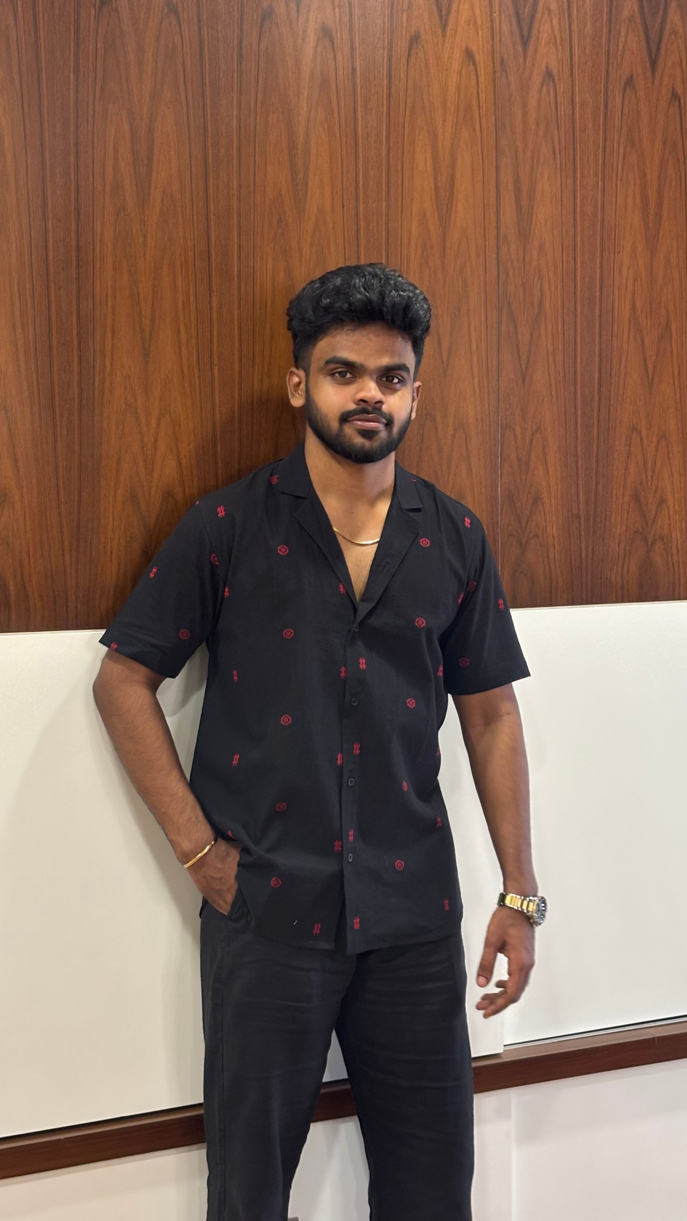Black Cotton Shirt with Red Motifs