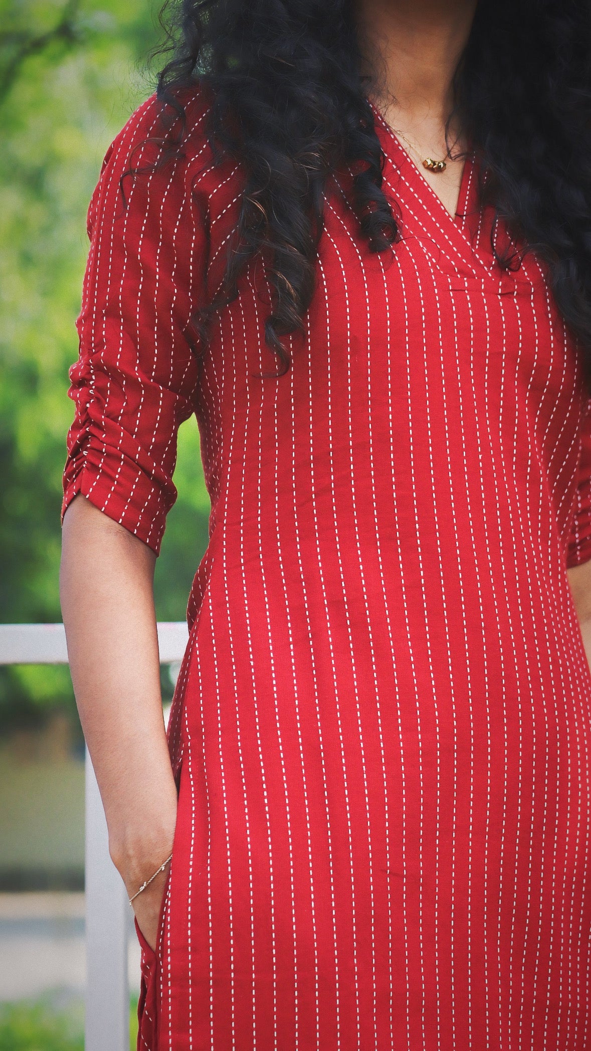 Red Handloom Stripes Kurta set