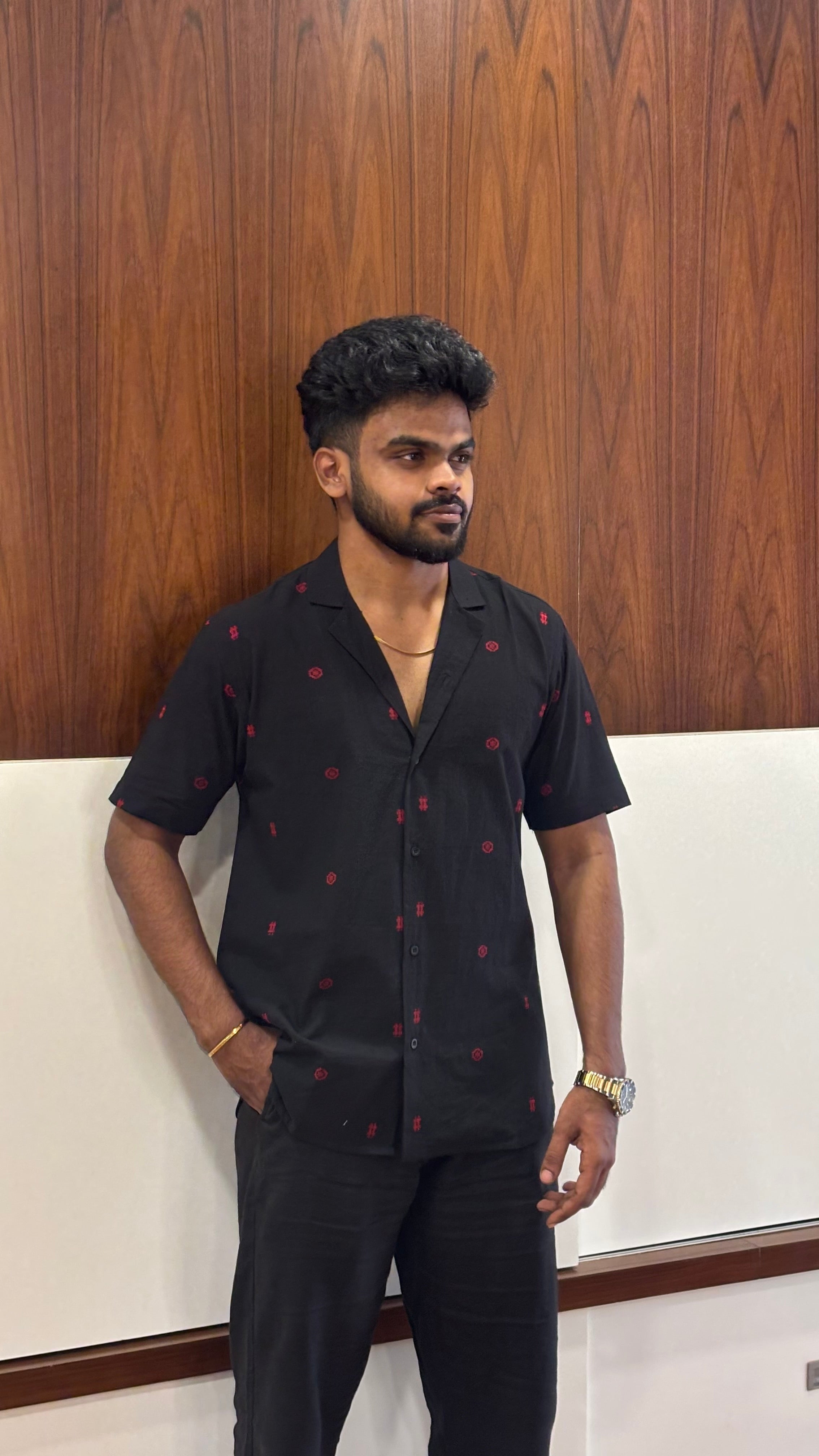 Black Cotton Shirt with Red Motifs