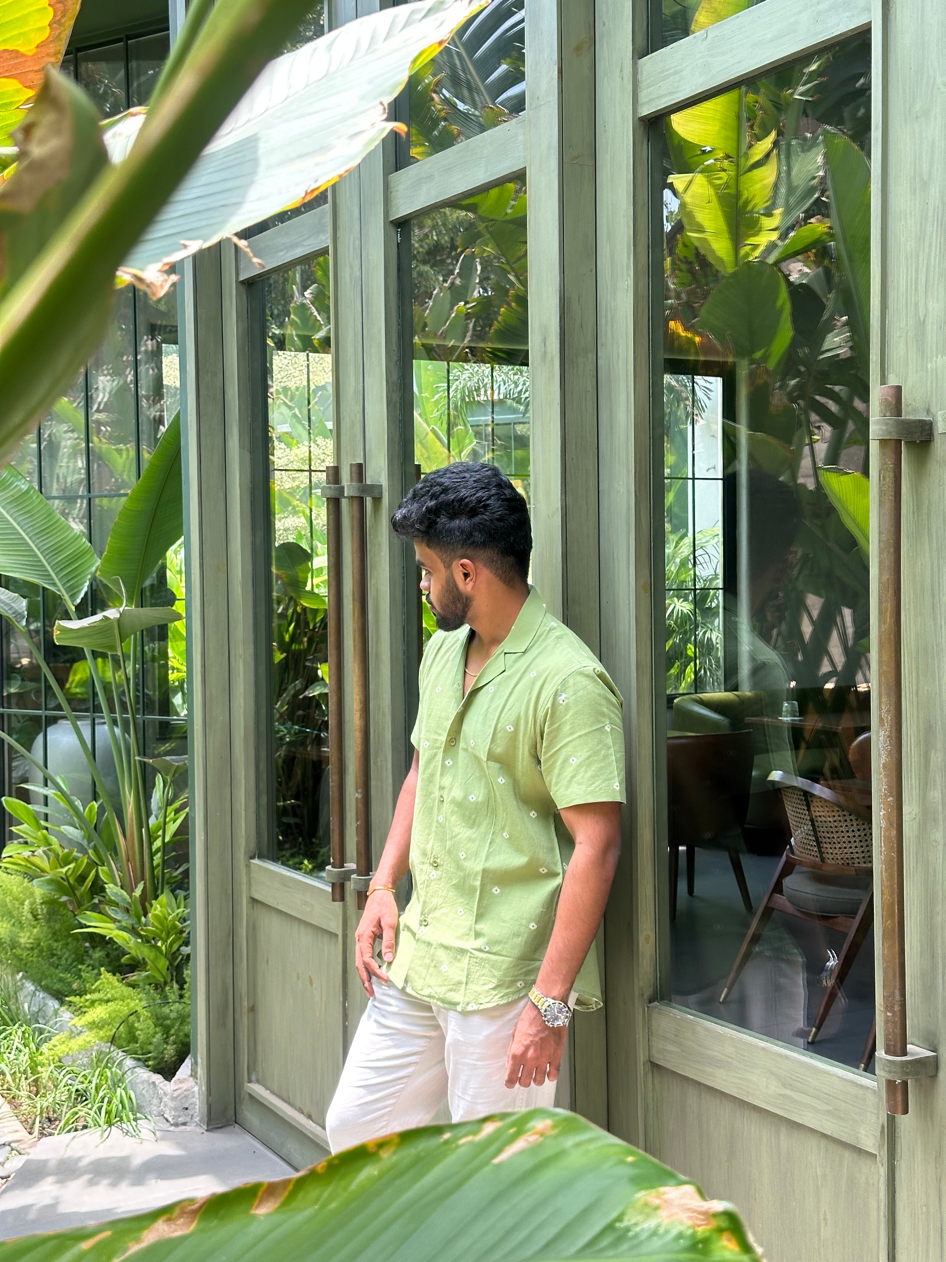 Green Handloom Shirt with White Motifs
