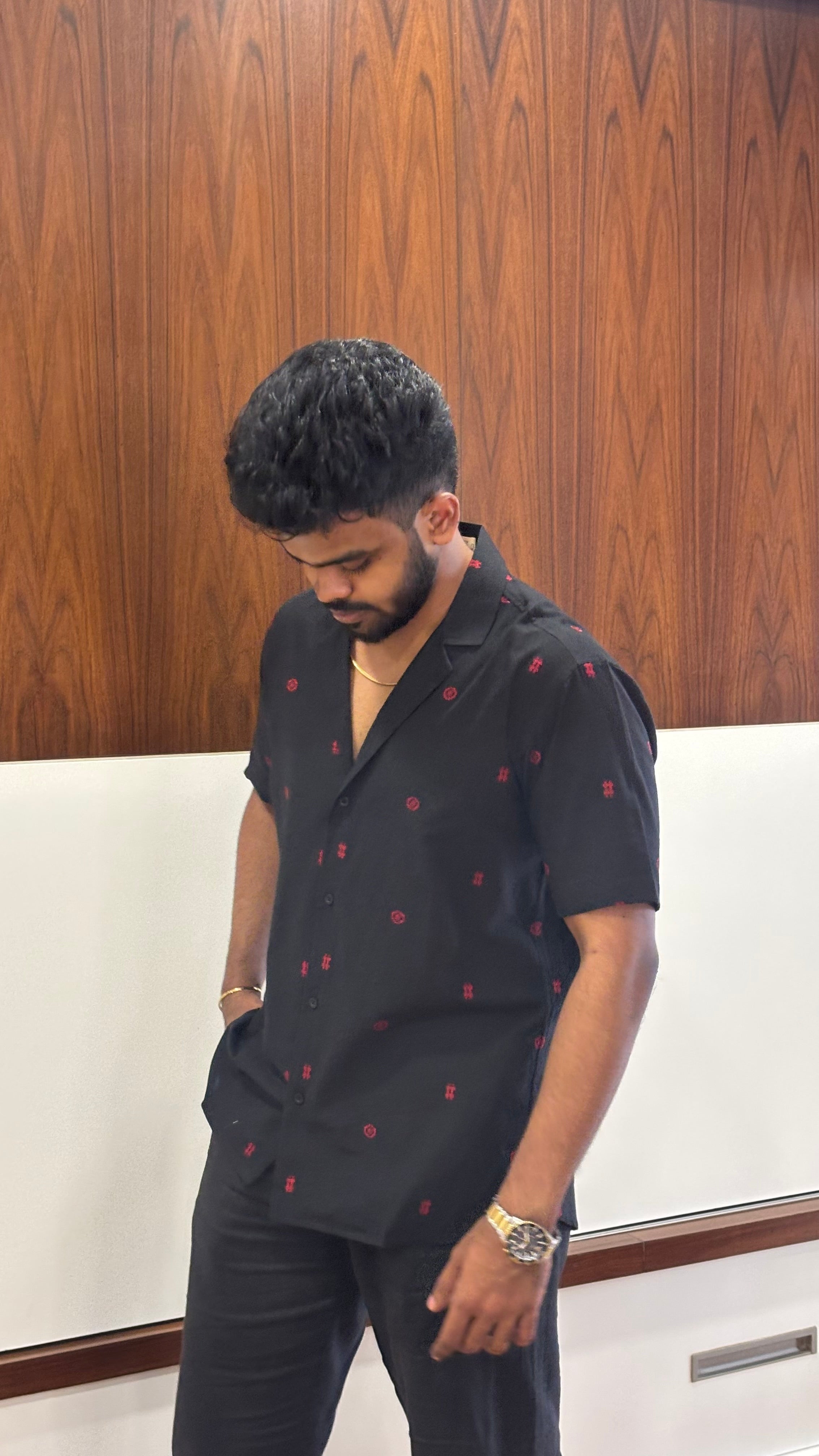 Black Cotton Shirt with Red Motifs