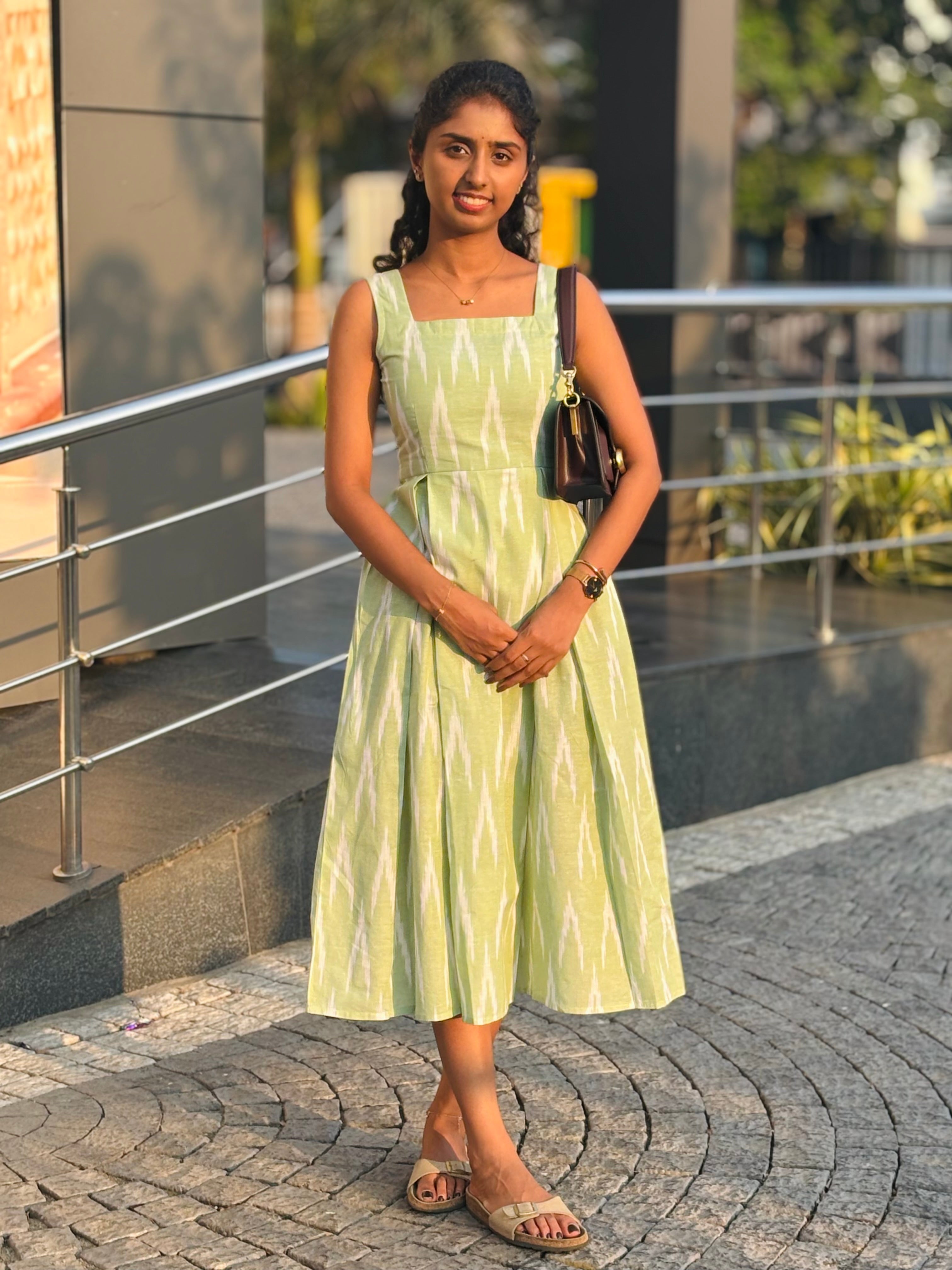 Green Ikkat Pleated Dress