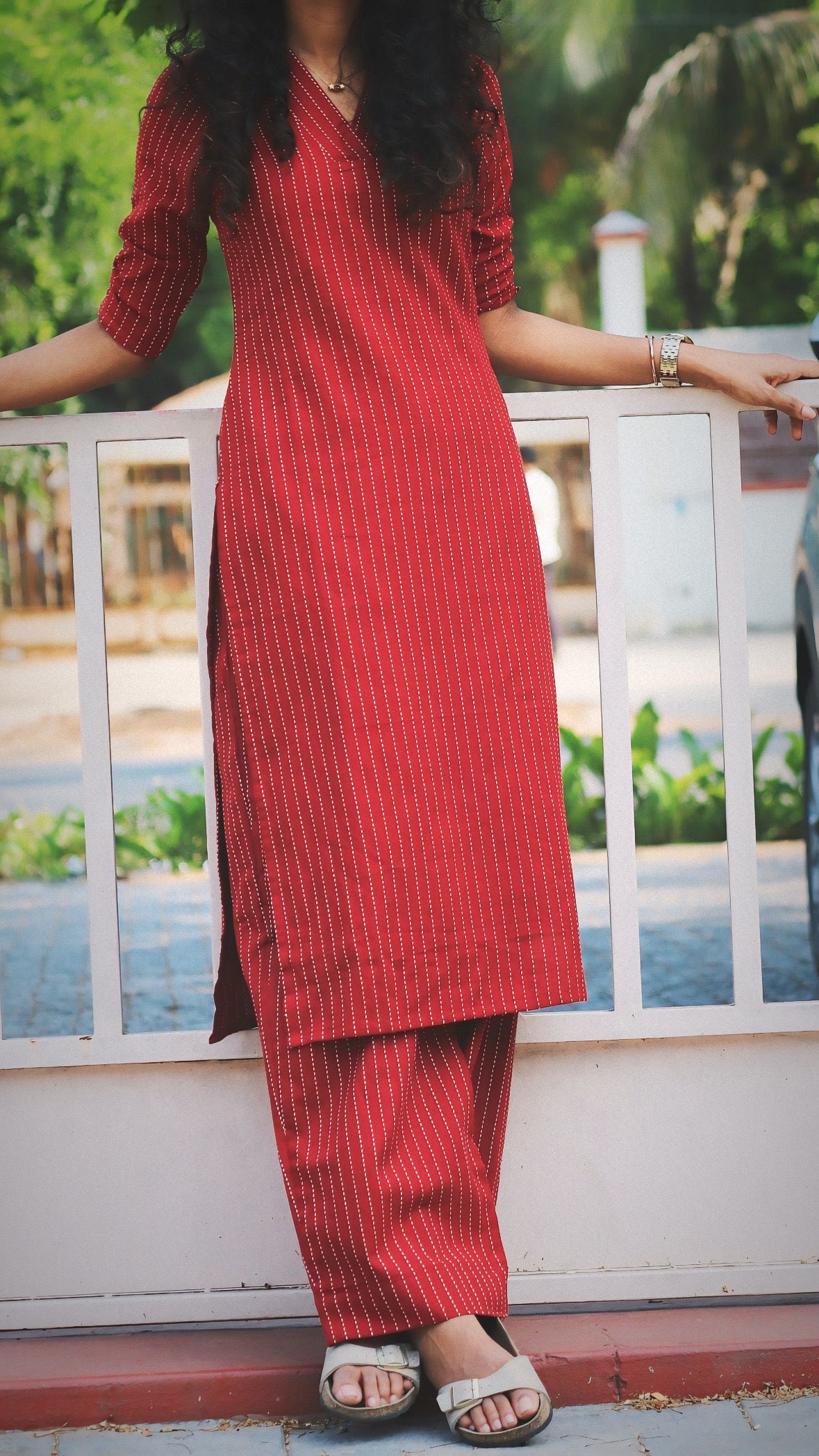 Red Handloom Stripes Kurta set