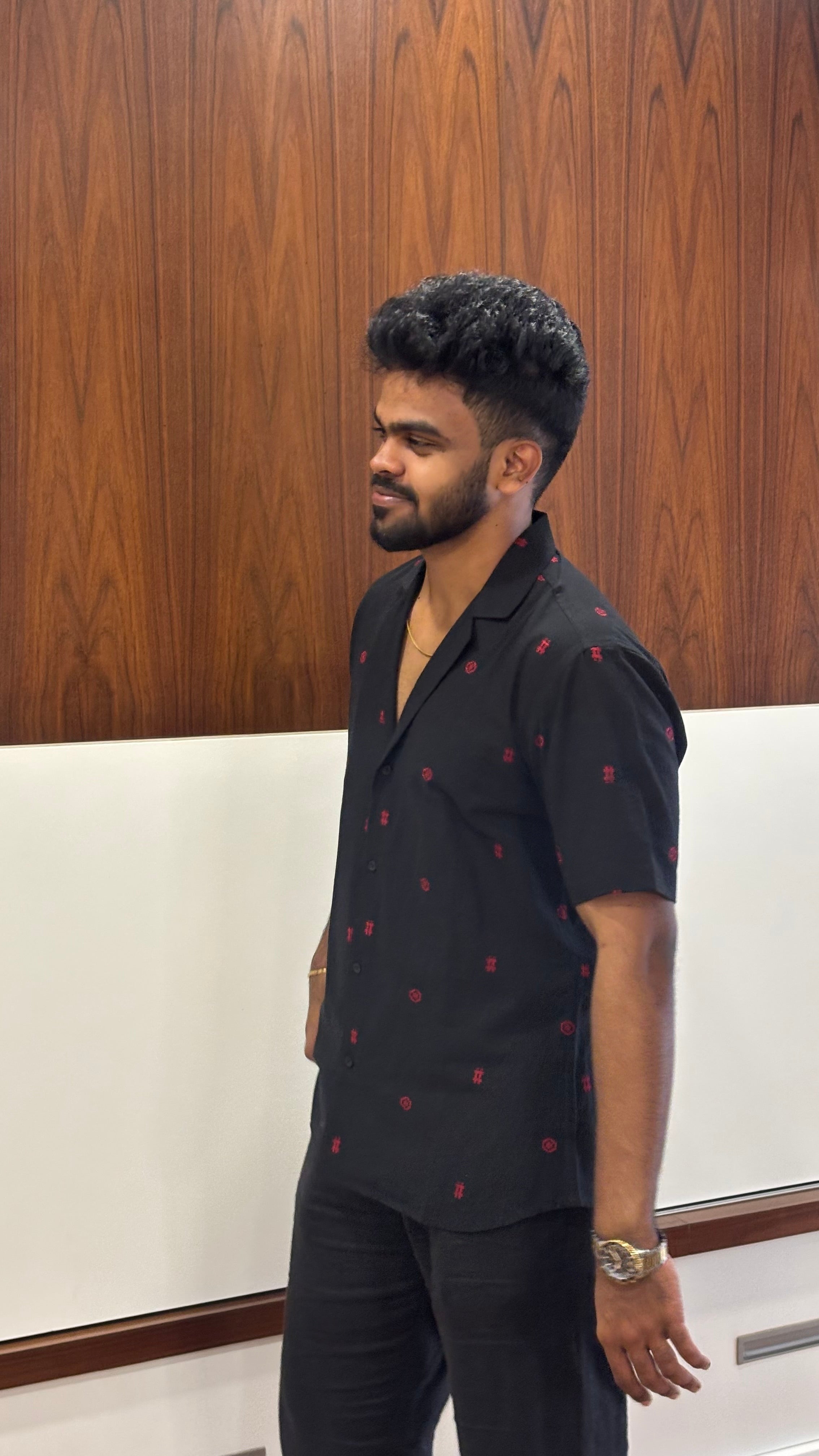Black Cotton Shirt with Red Motifs