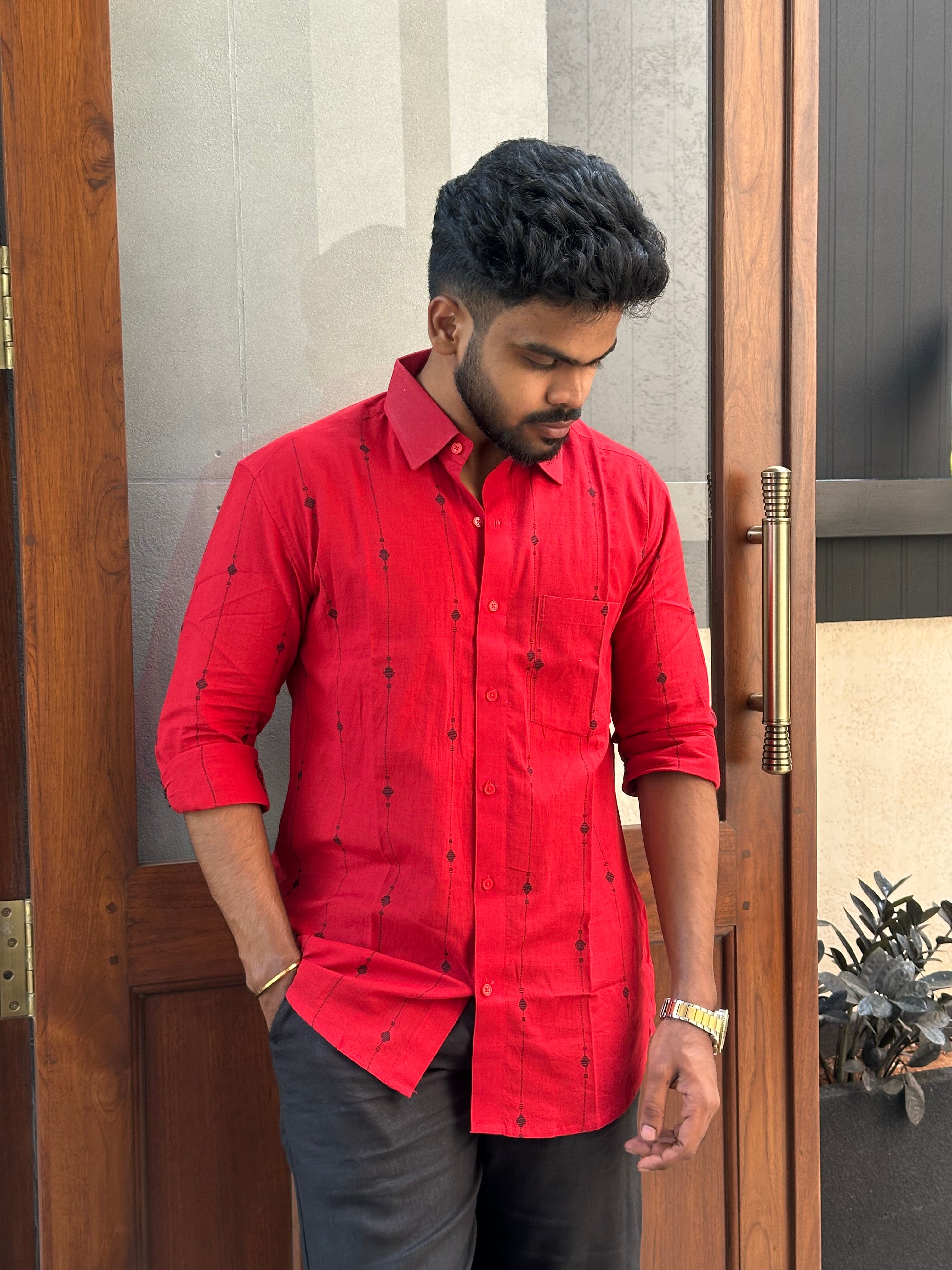 Red Handloom Shirt with Black Motifs