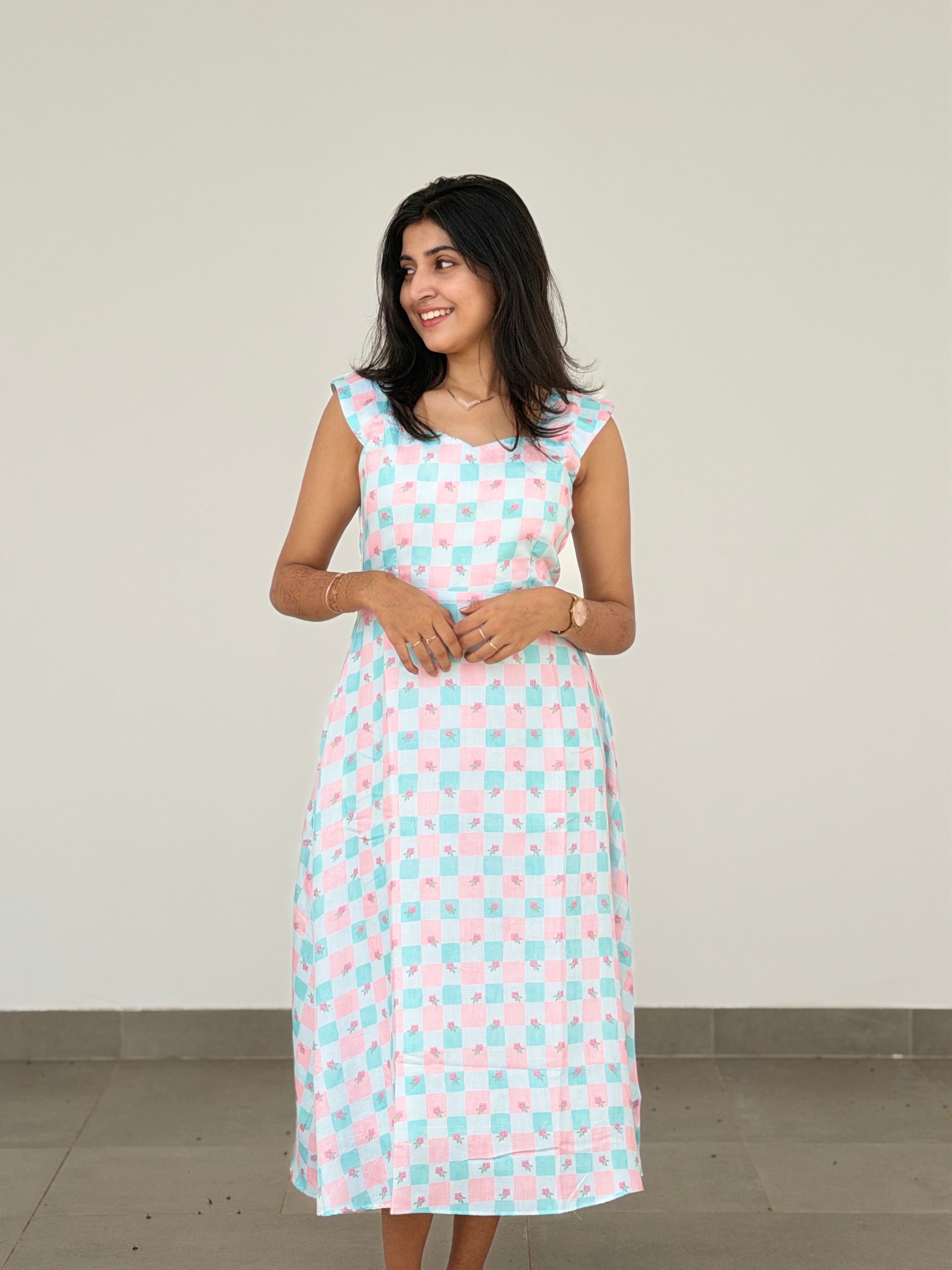 Checks floral Midi Dress