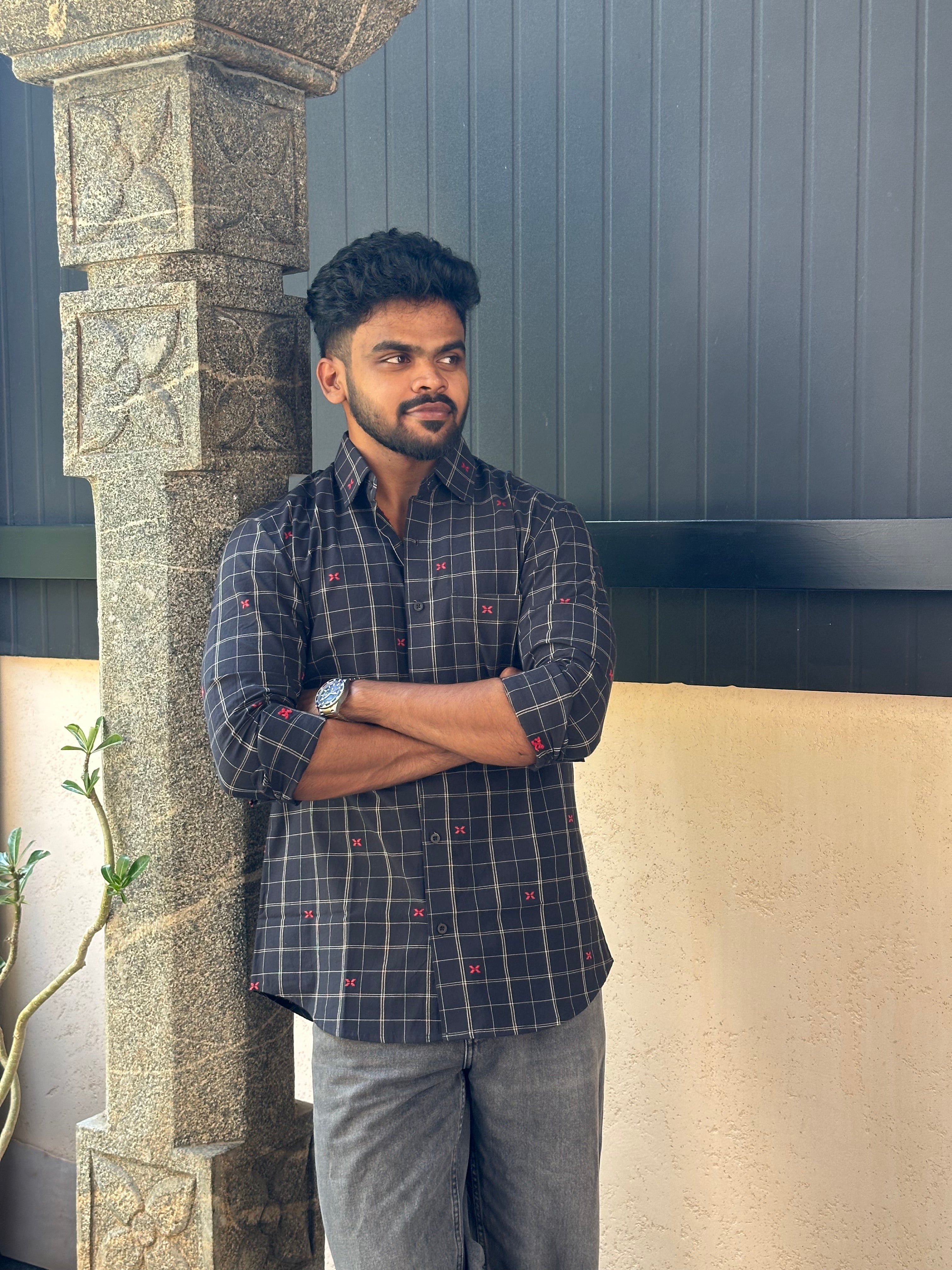Black Checks Handloom Shirt with Red Motifs