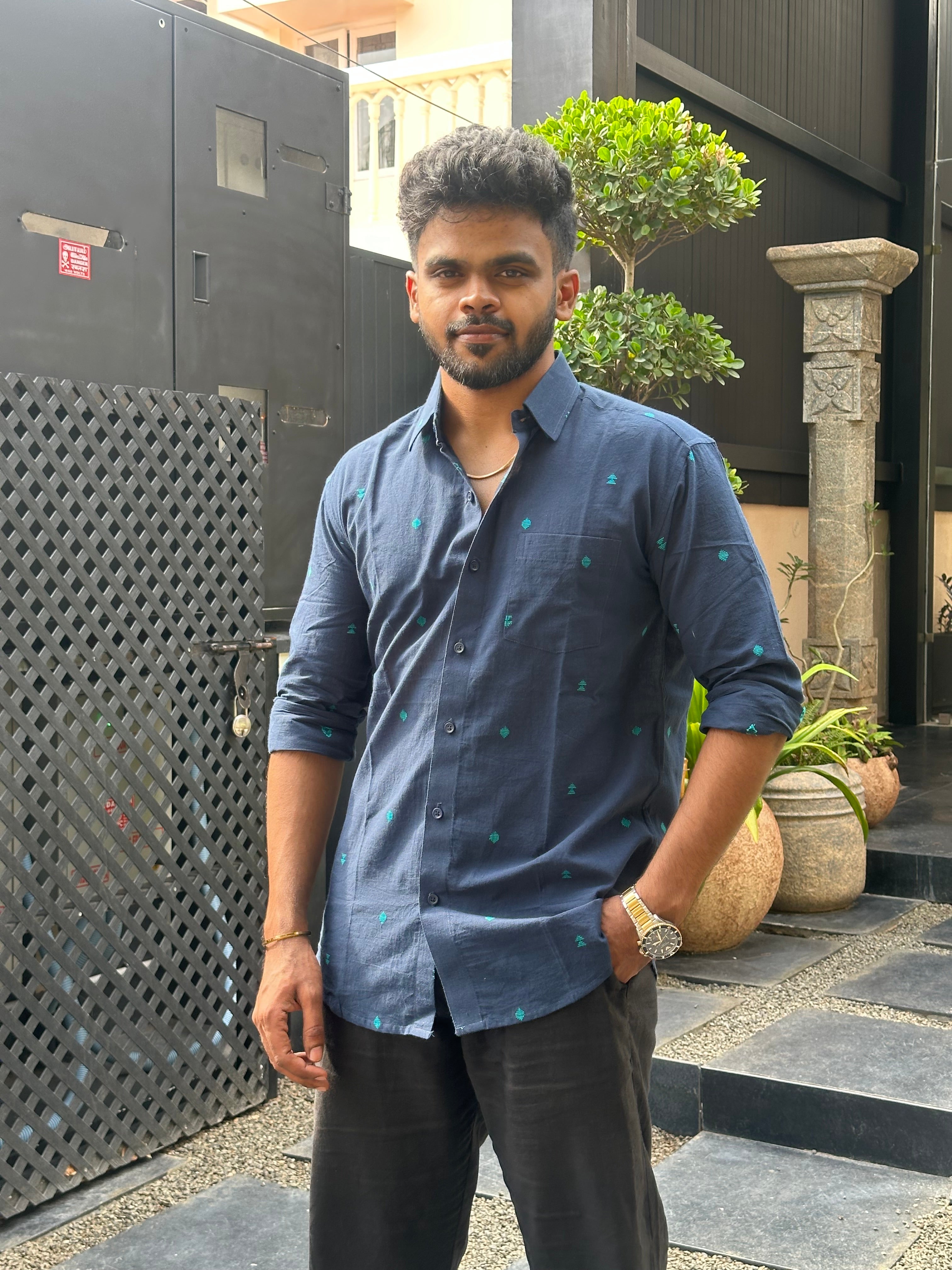 Navy Blue Handloom Shirt with Motifs