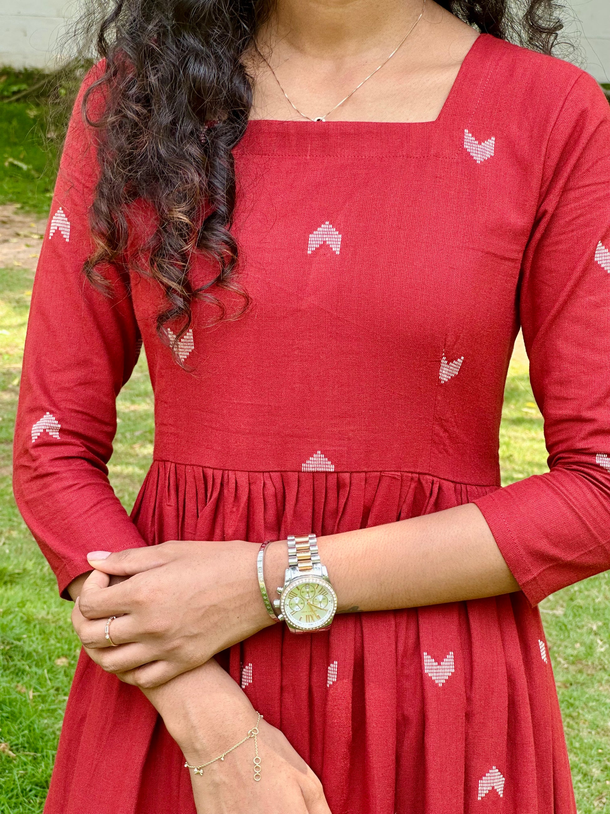 Red Handloom 3-Tier Maxi Dress