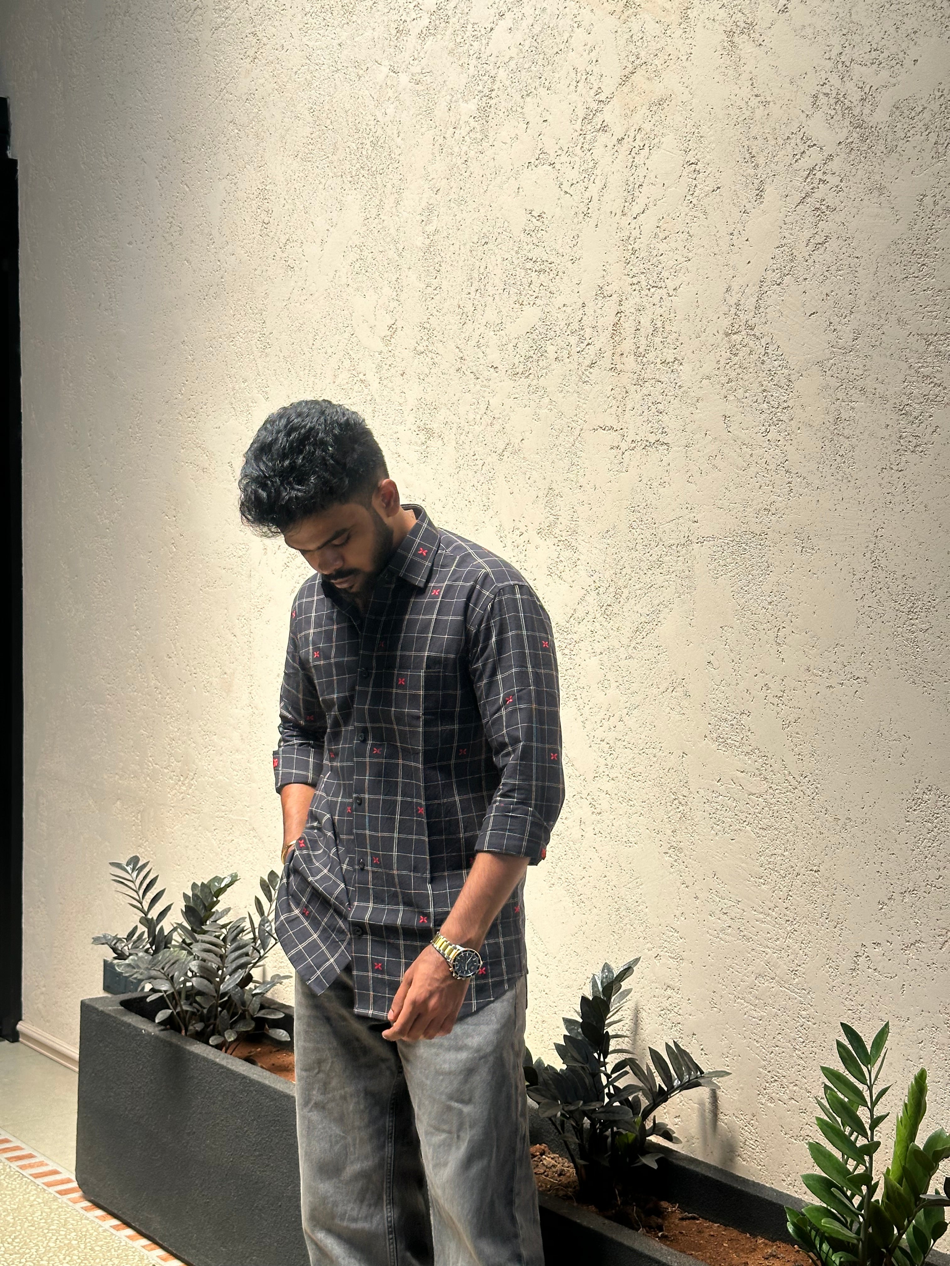 Black Checks Handloom Shirt with Red Motifs