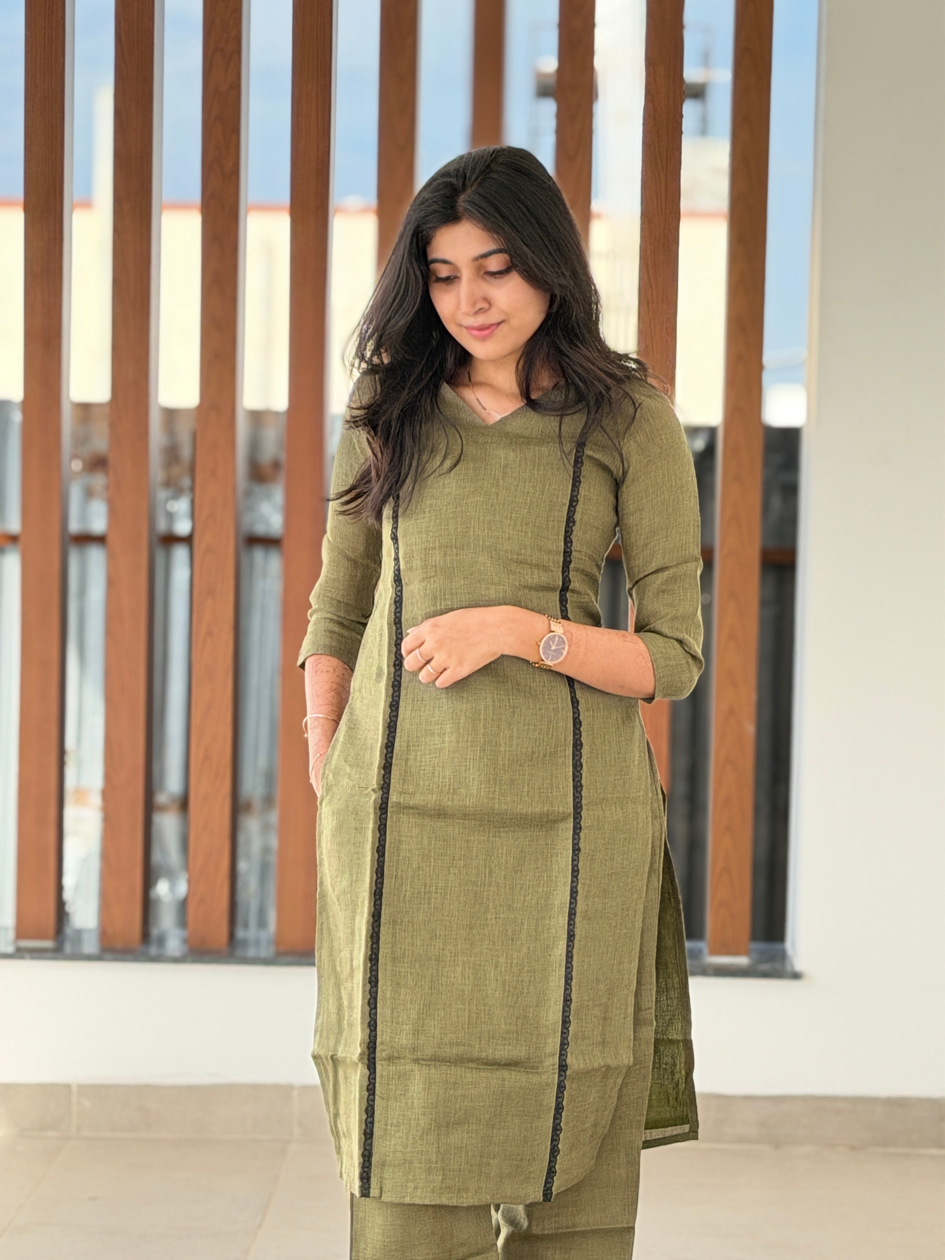 Olive Green linen Kurta set