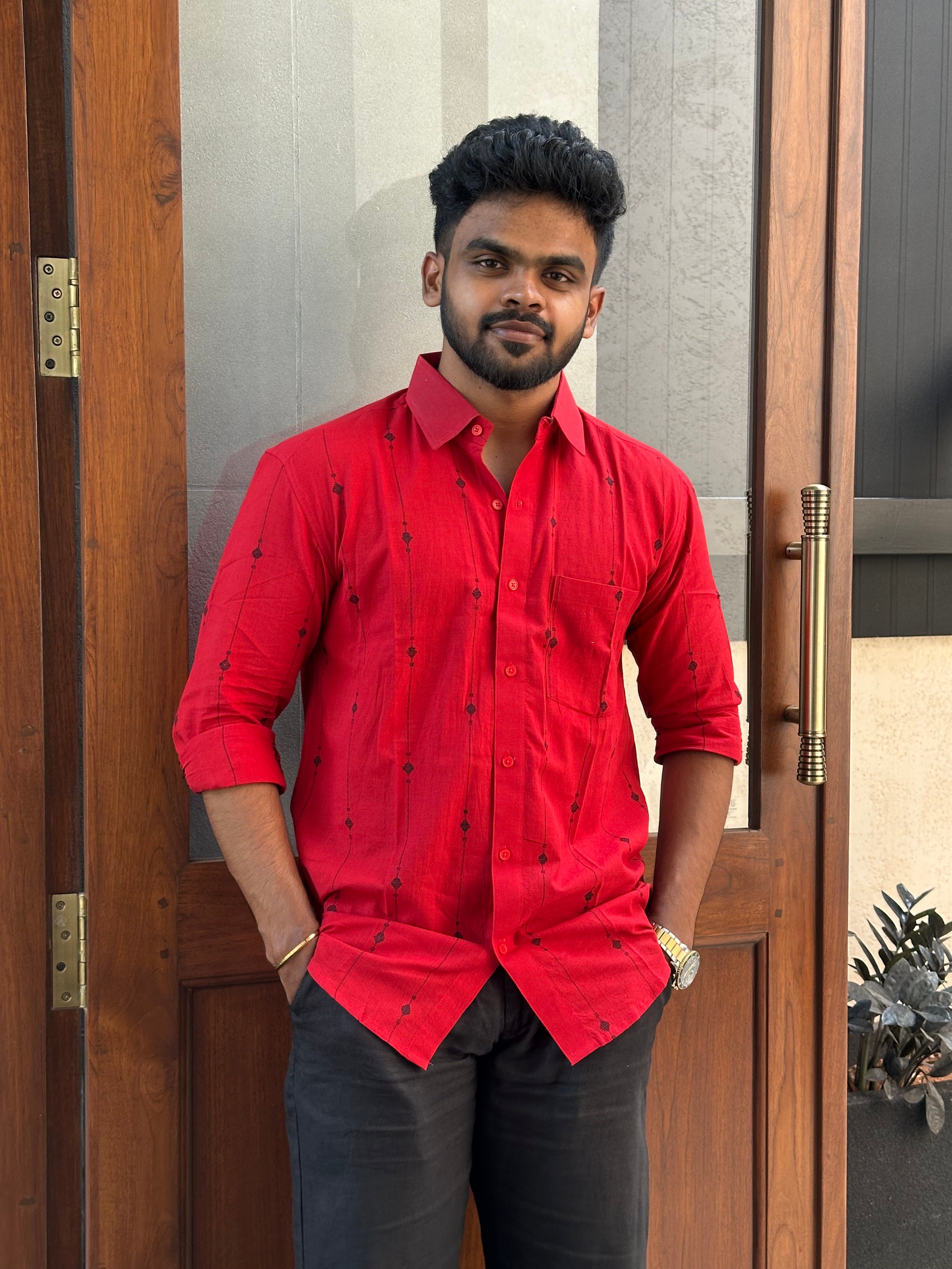 Red Handloom Shirt with Black Motifs