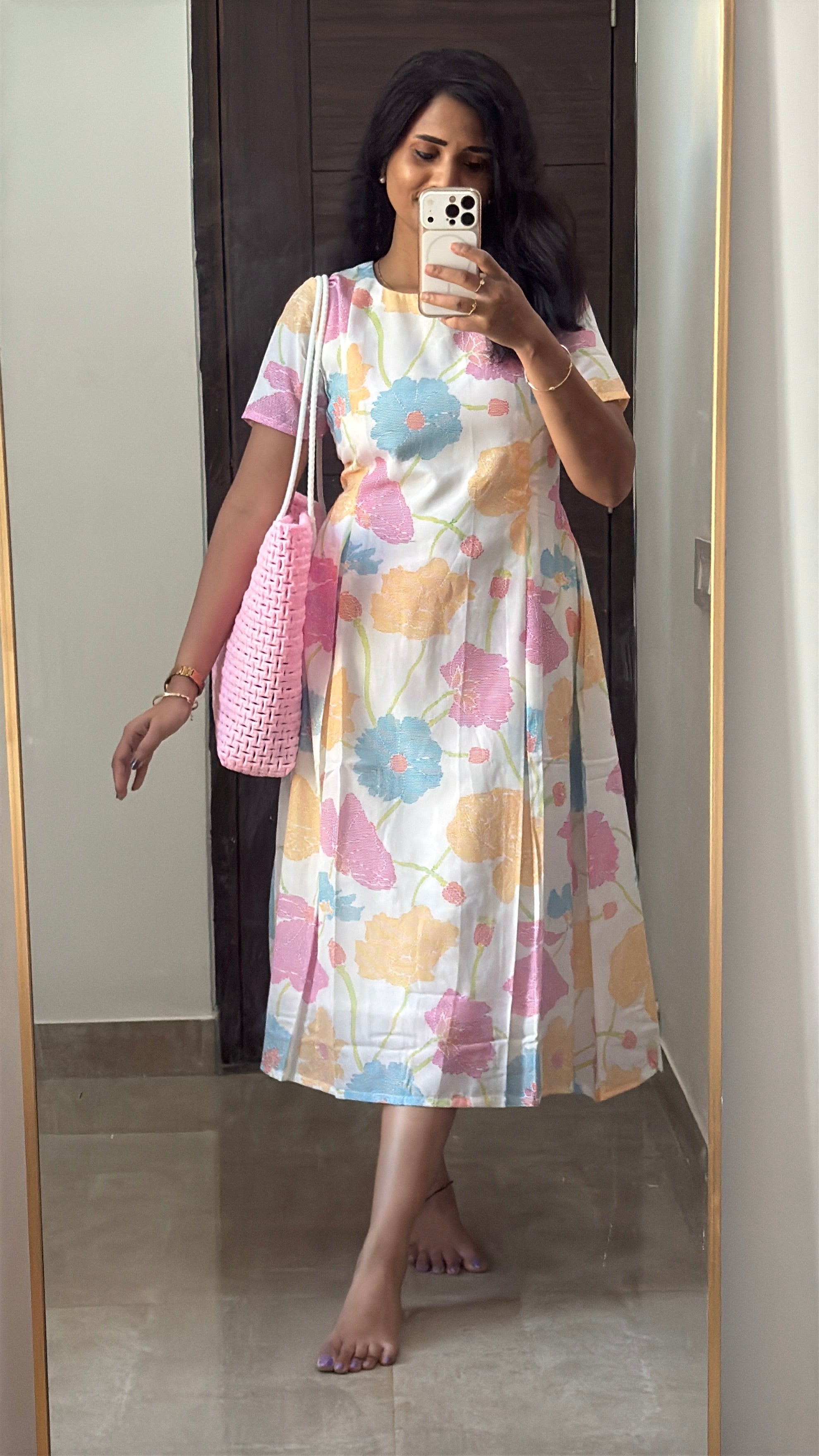 Multicolour Floral White Knot Dress