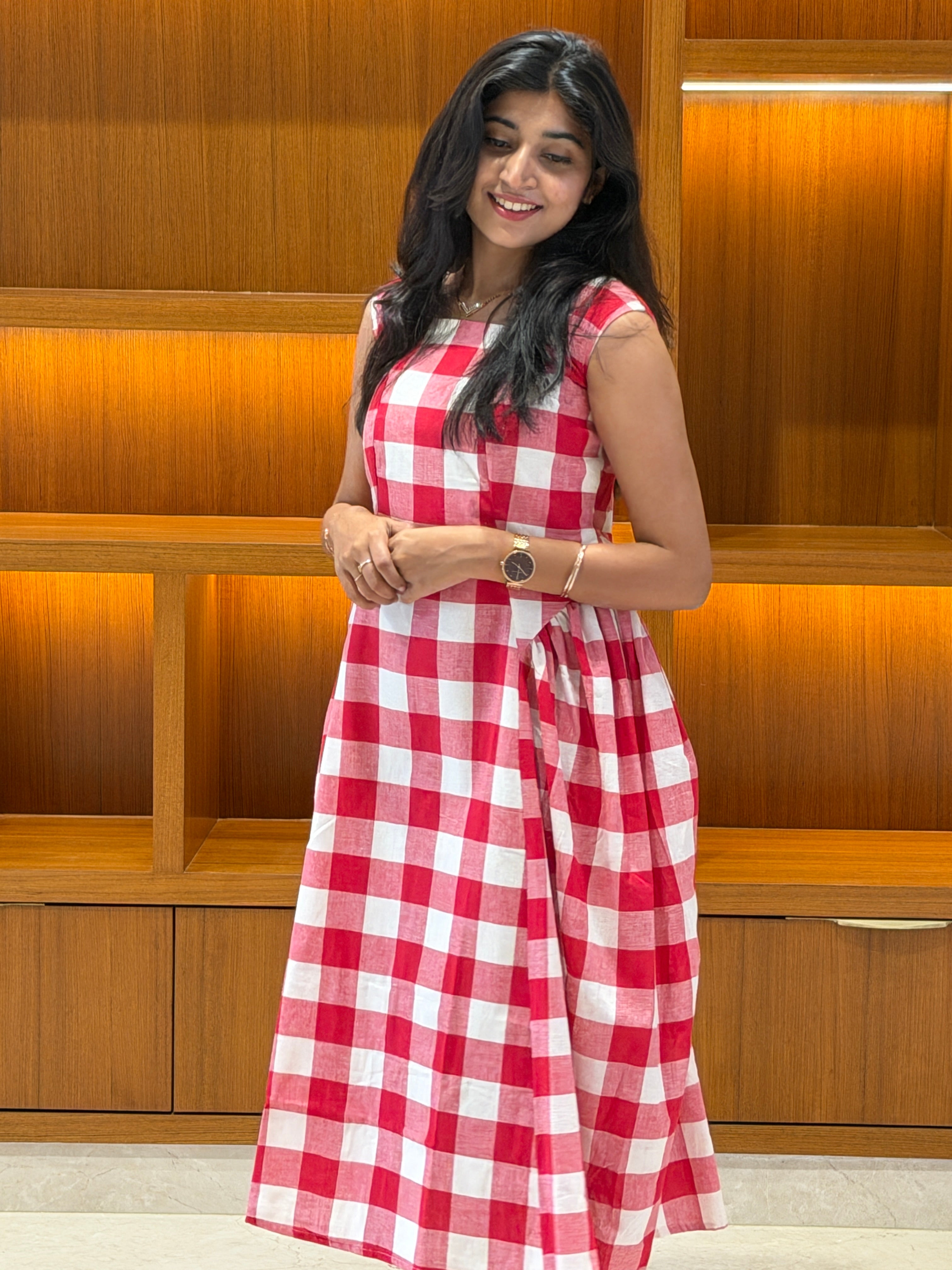 Red & White Checkered Cotton Midi Dress