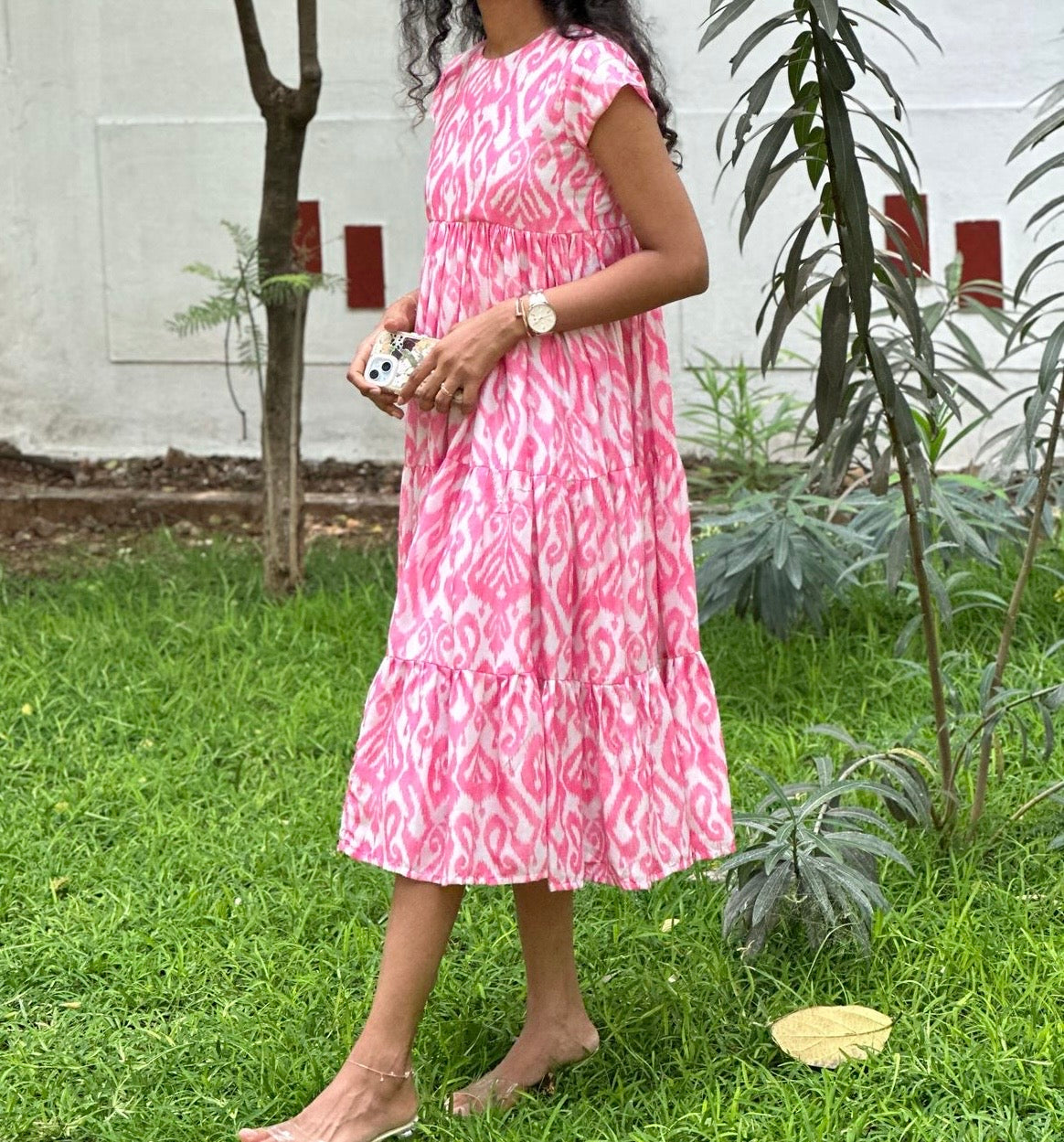 Florescent pink with White 3 tier Dress