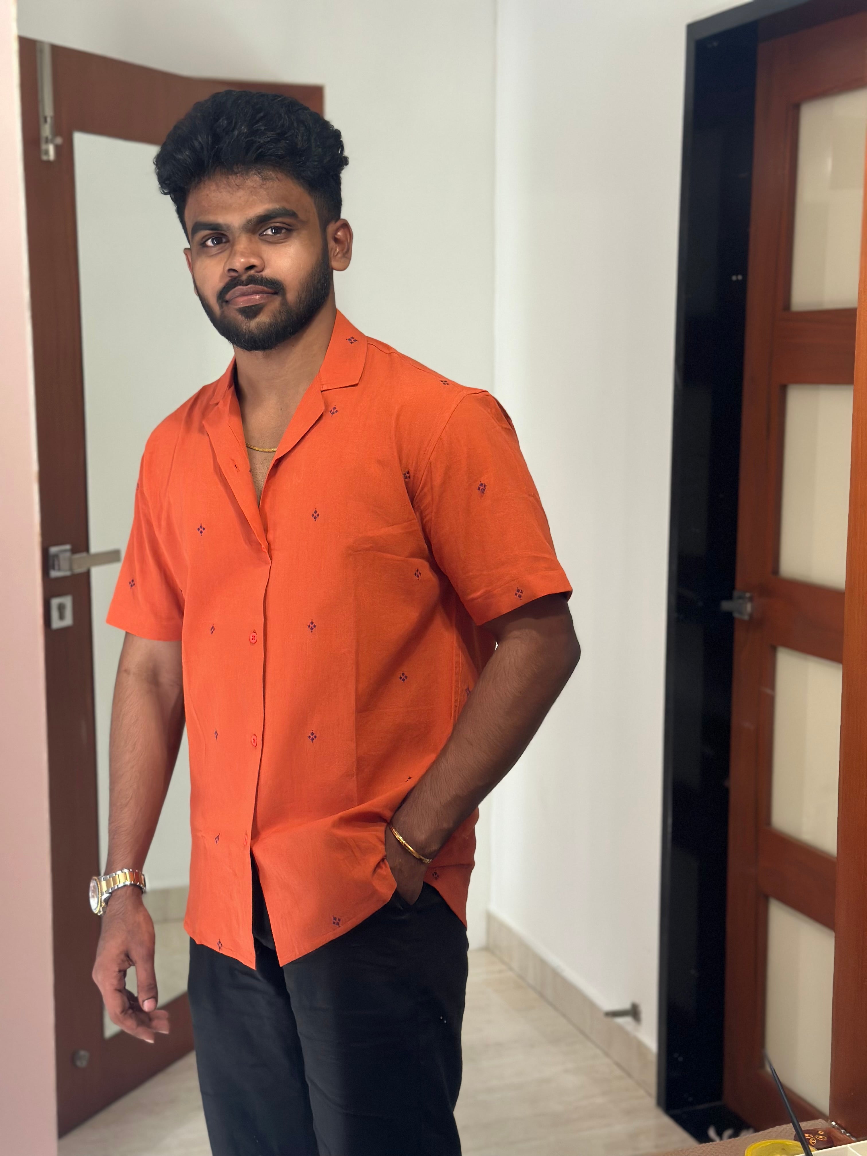 Orange Handloom Shirt with Purple Motifs
