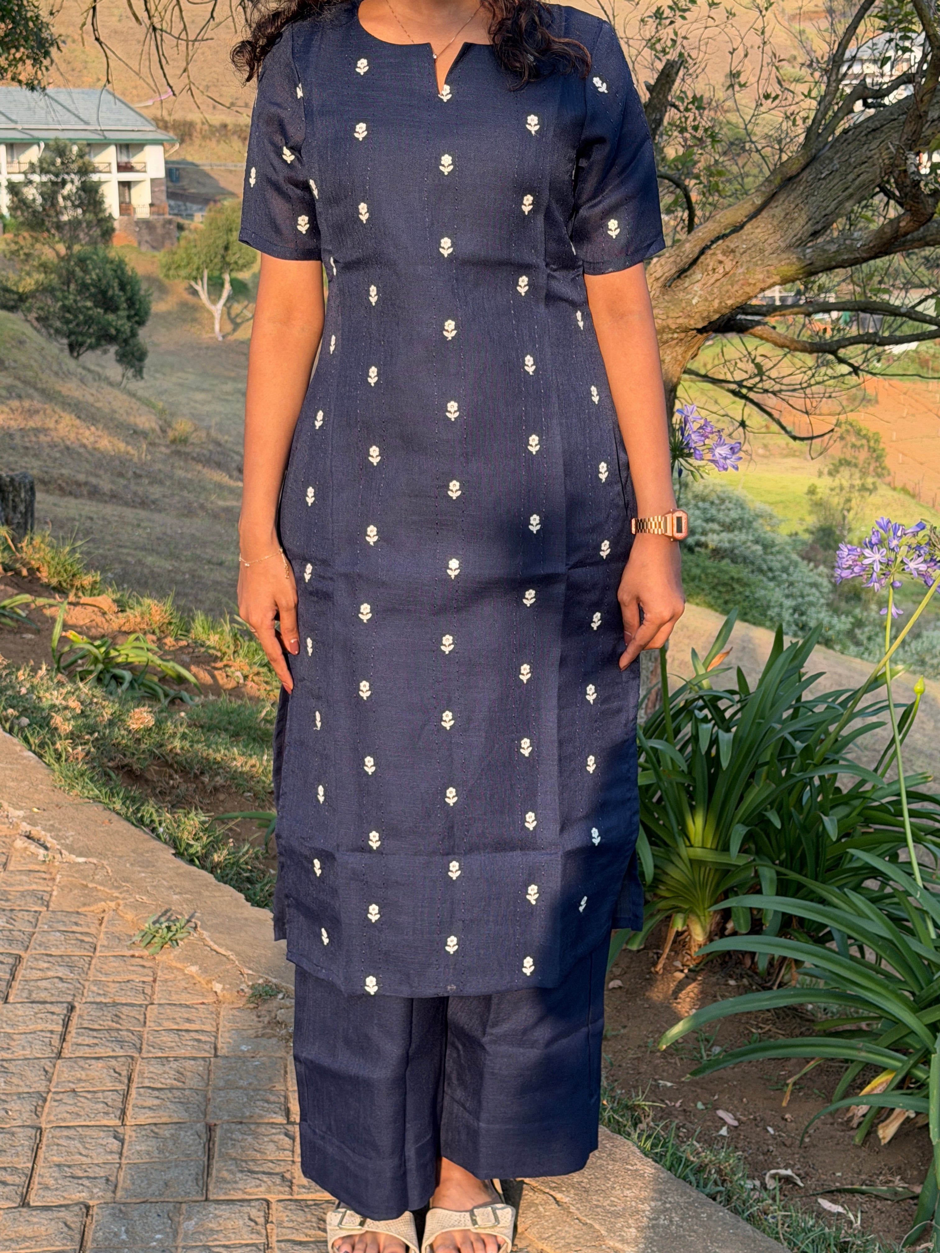 Navy Blue Linen Kurta set
