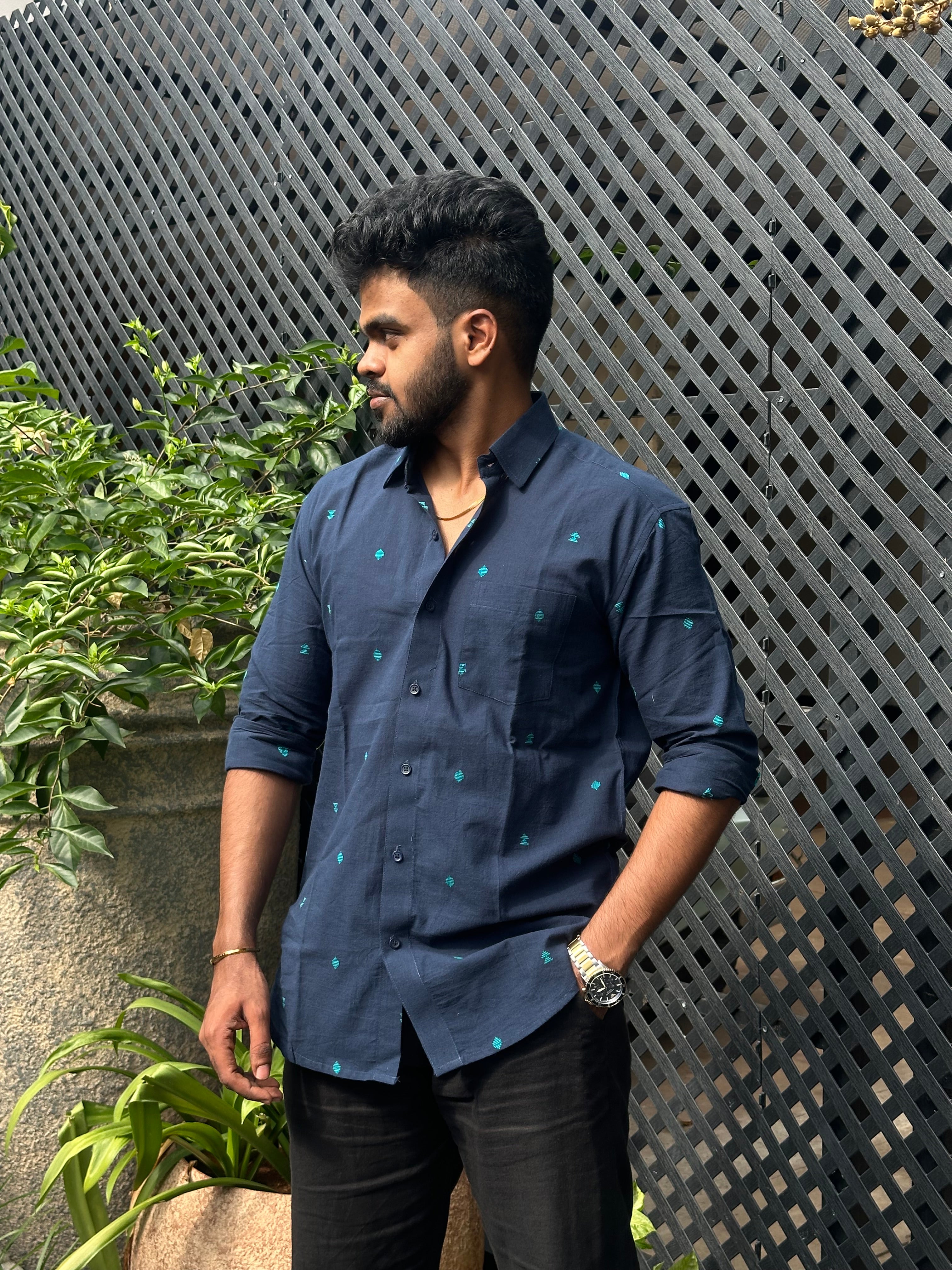 Navy Blue Handloom Shirt with Motifs