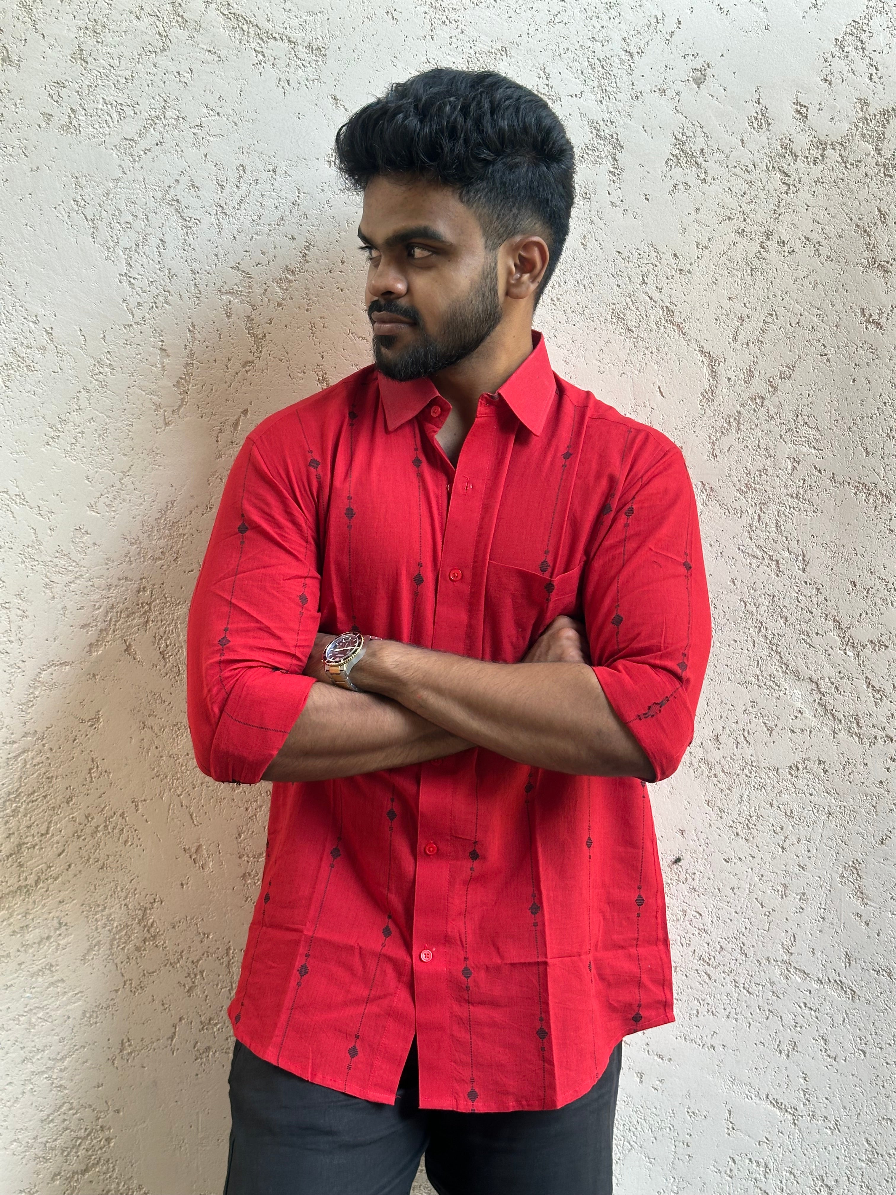 Red Handloom Shirt with Black Motifs