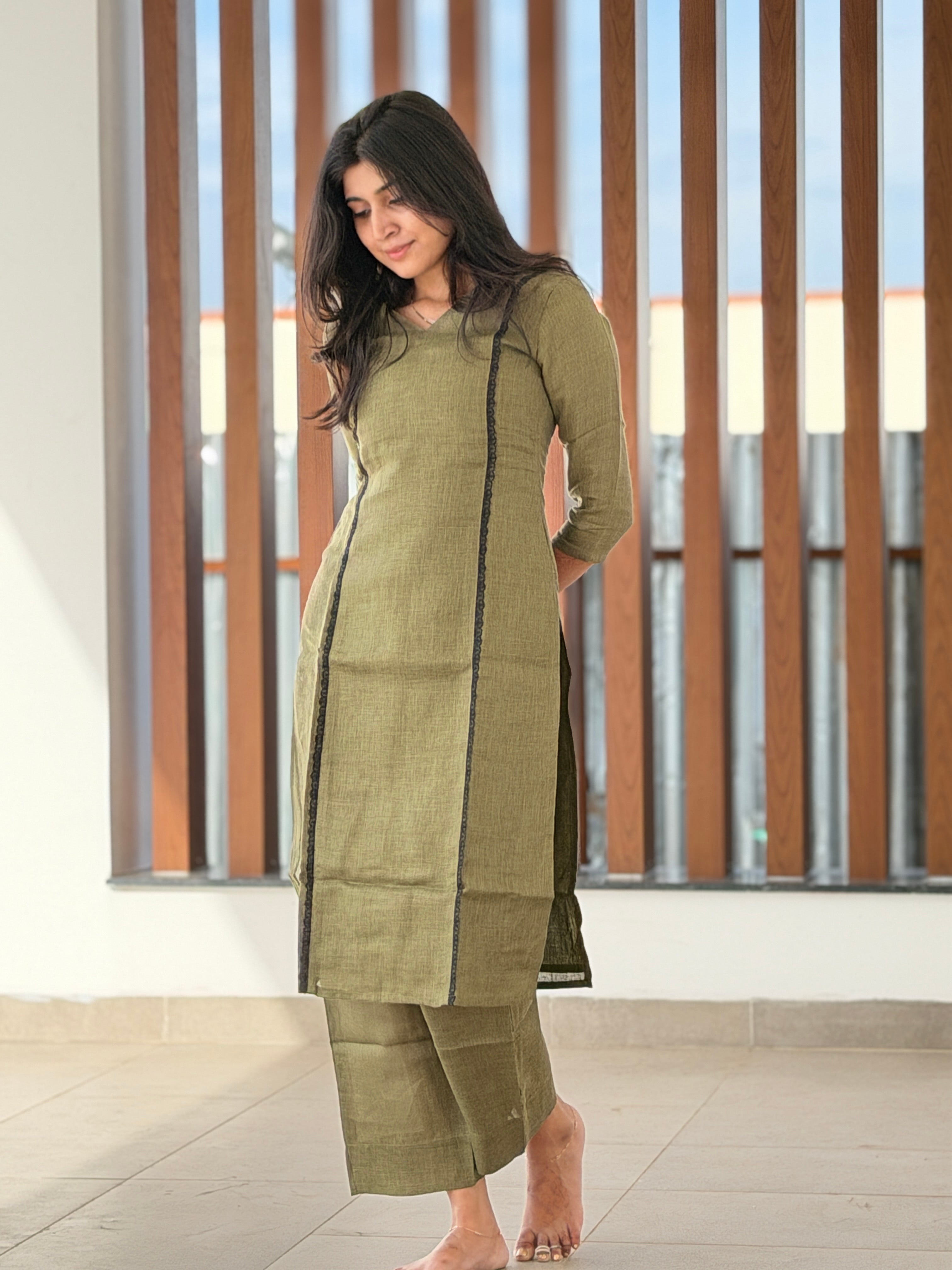 Olive Green linen Kurta set