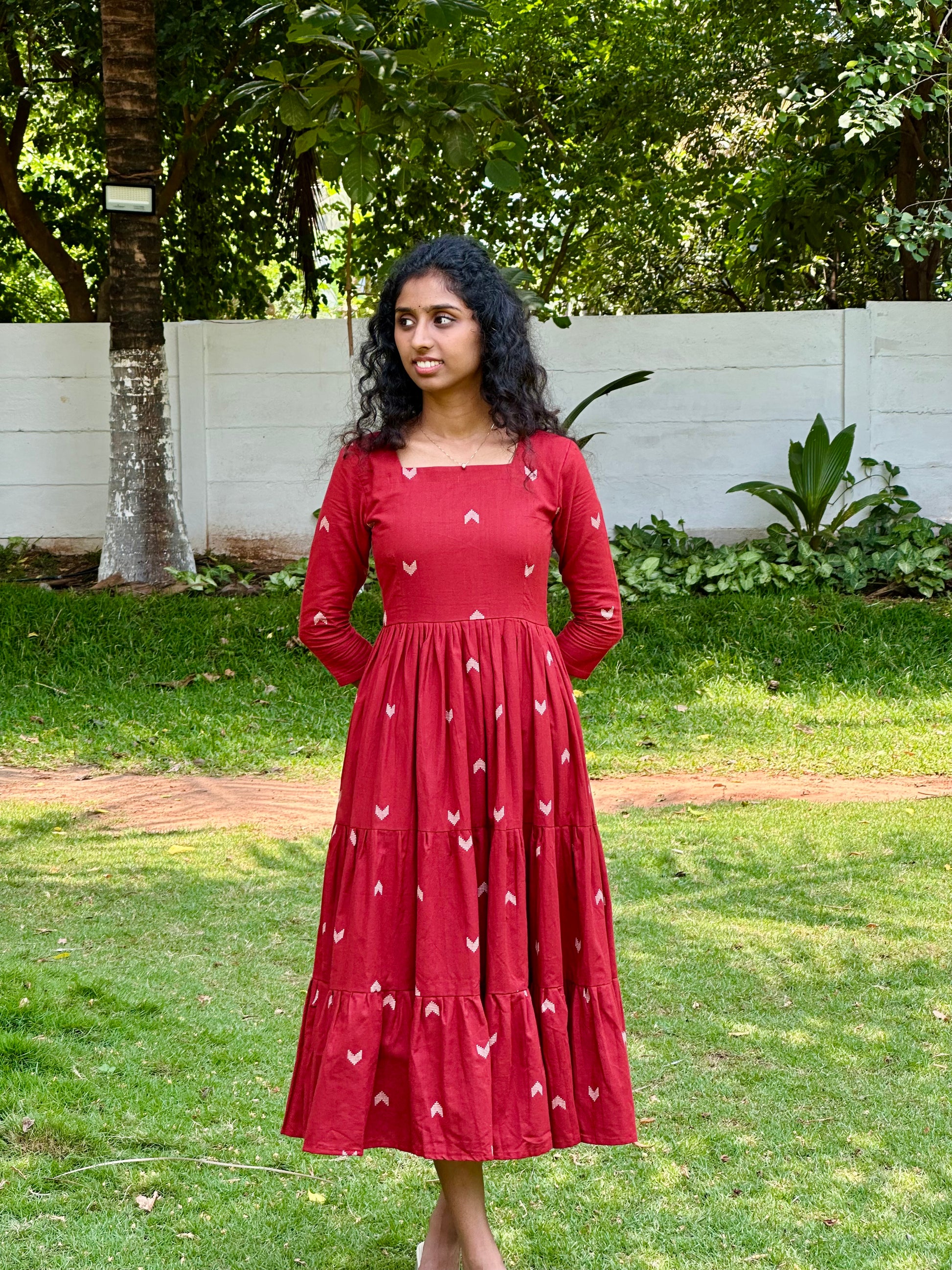 Red Handloom 3-Tier Maxi Dress