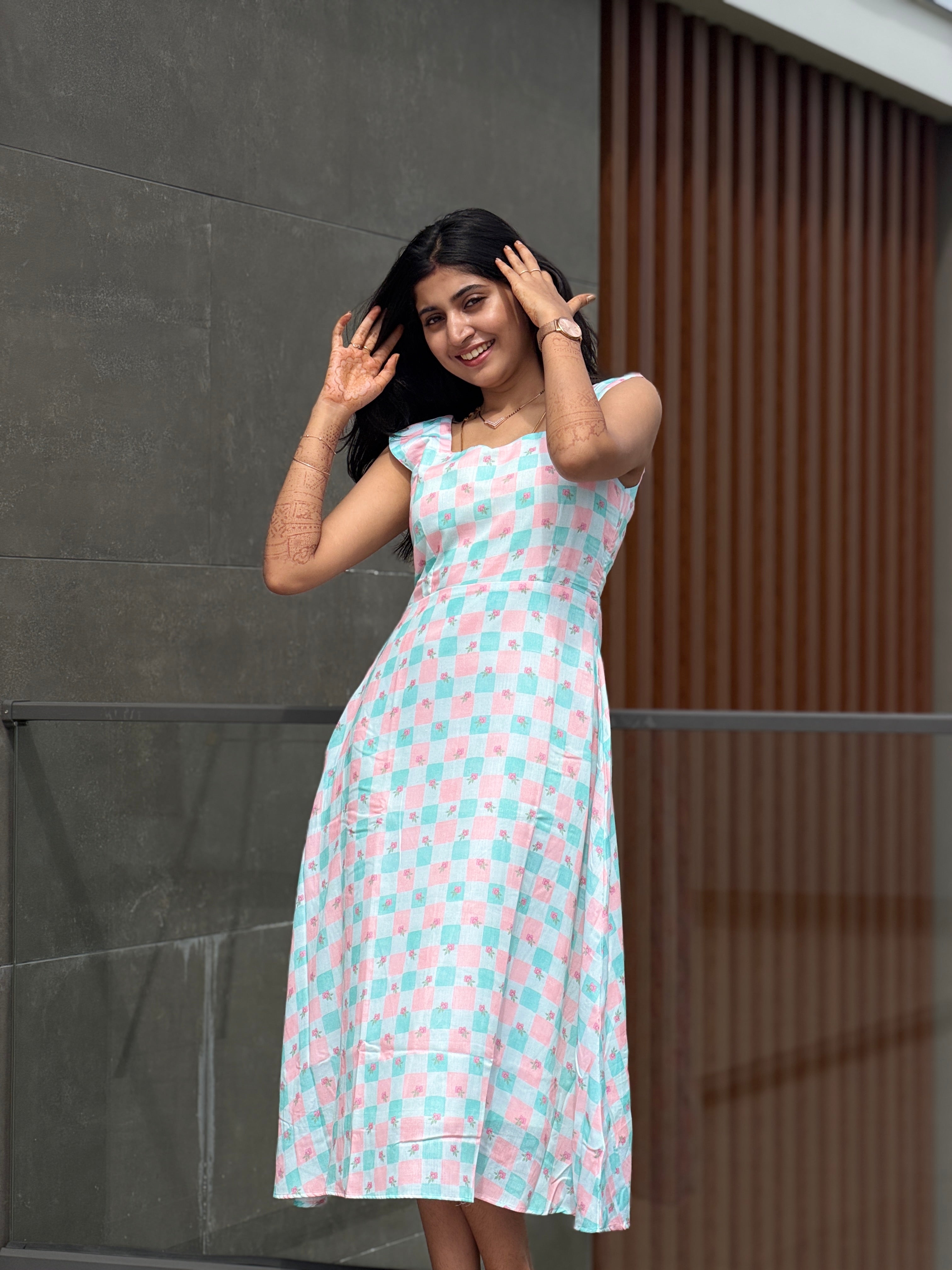 Checks floral Midi Dress