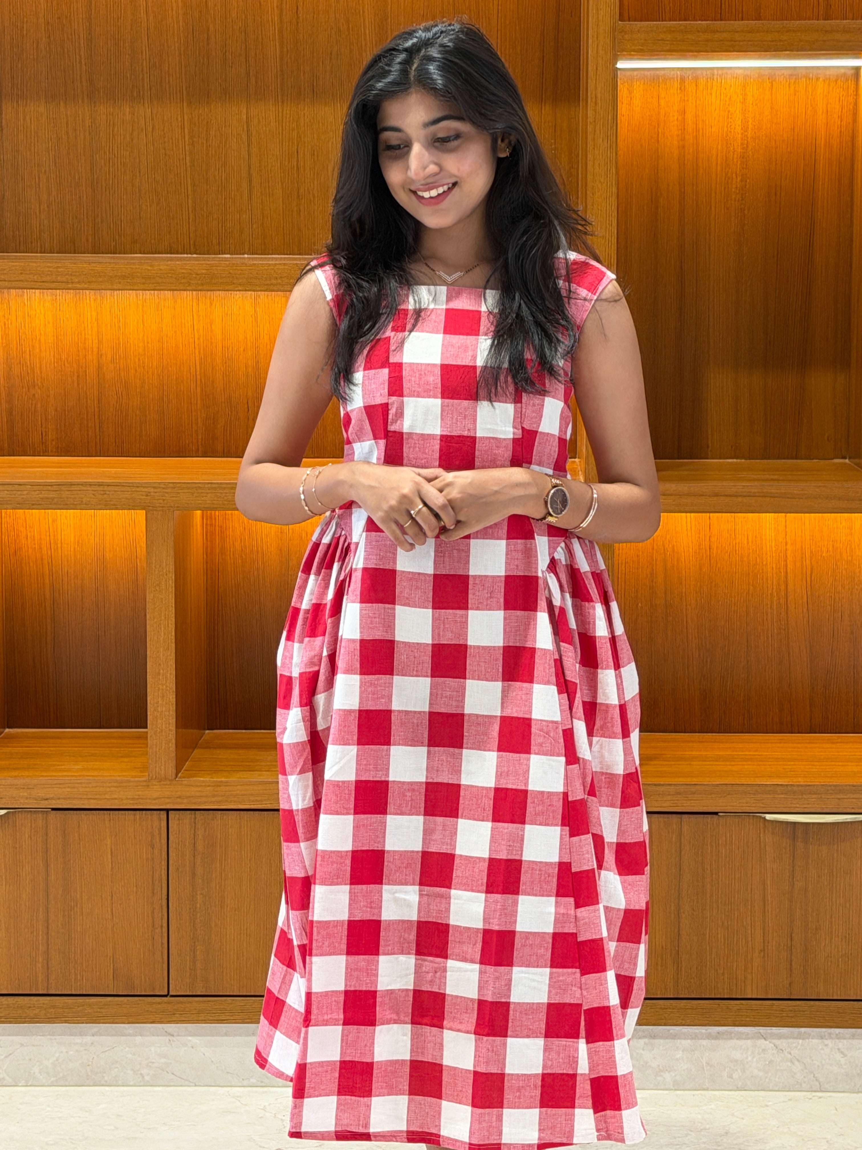 Red & White Checkered Cotton Midi Dress