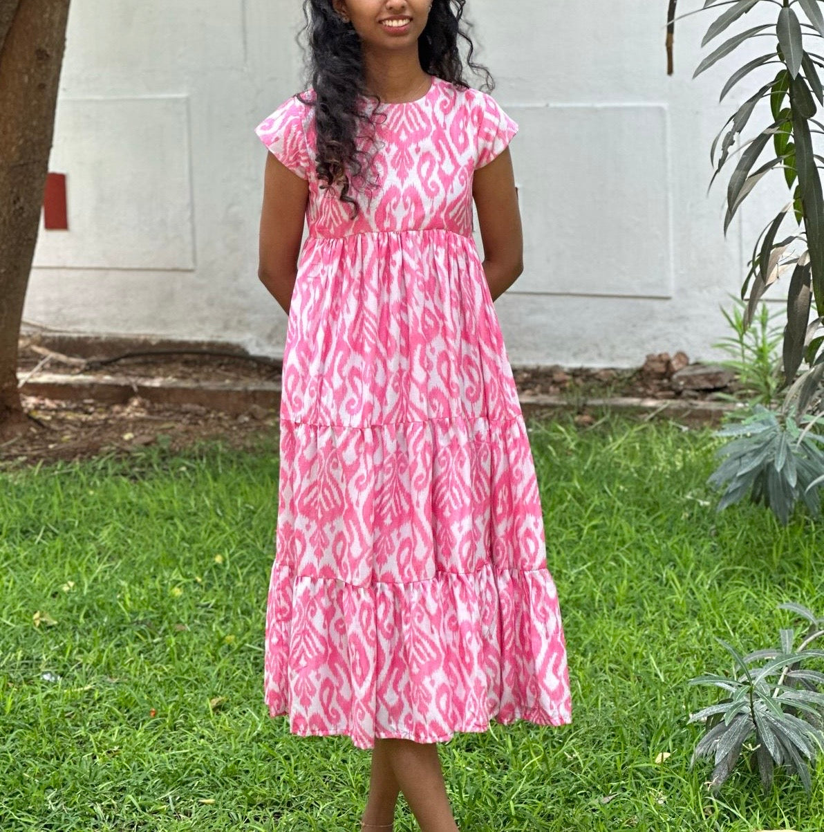 Florescent pink with White 3 tier Dress