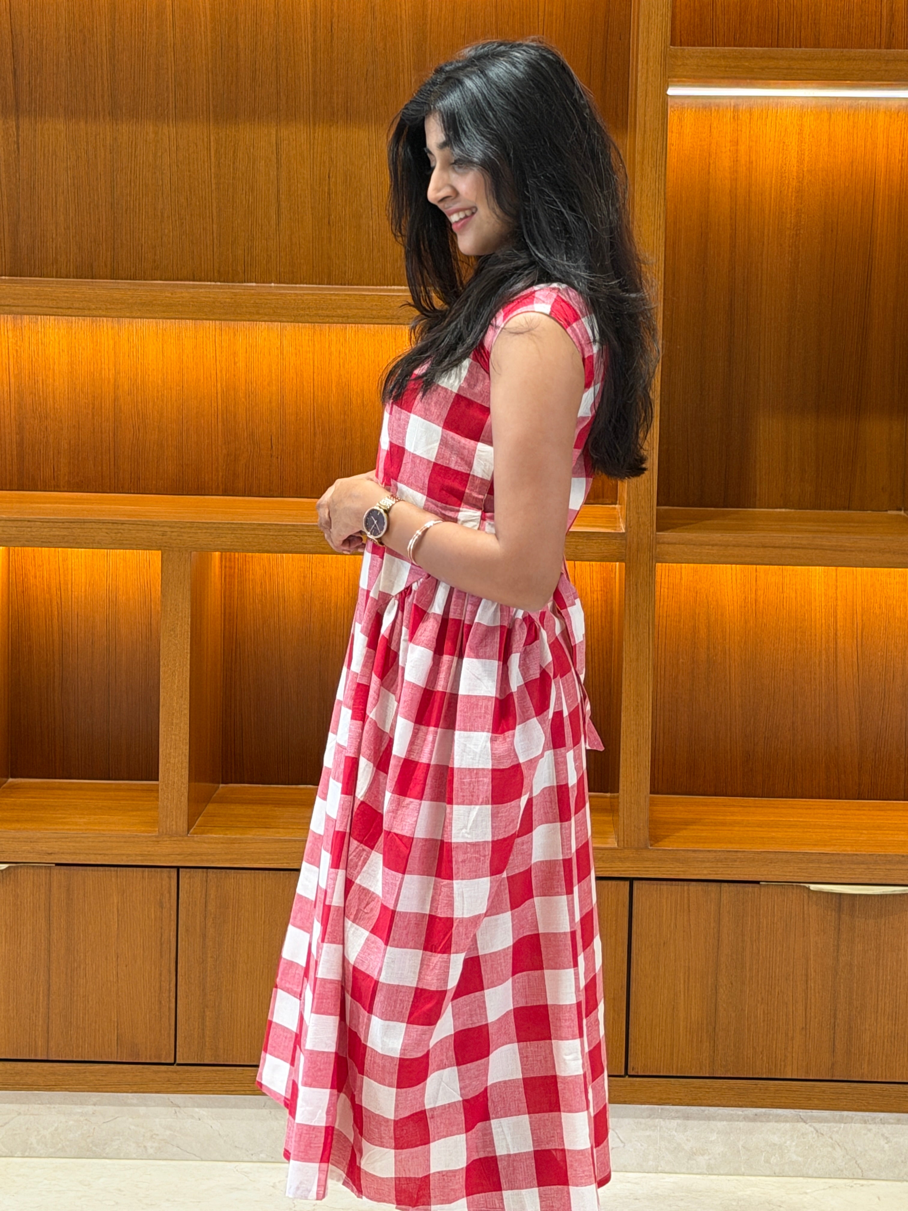 Red & White Checkered Cotton Midi Dress