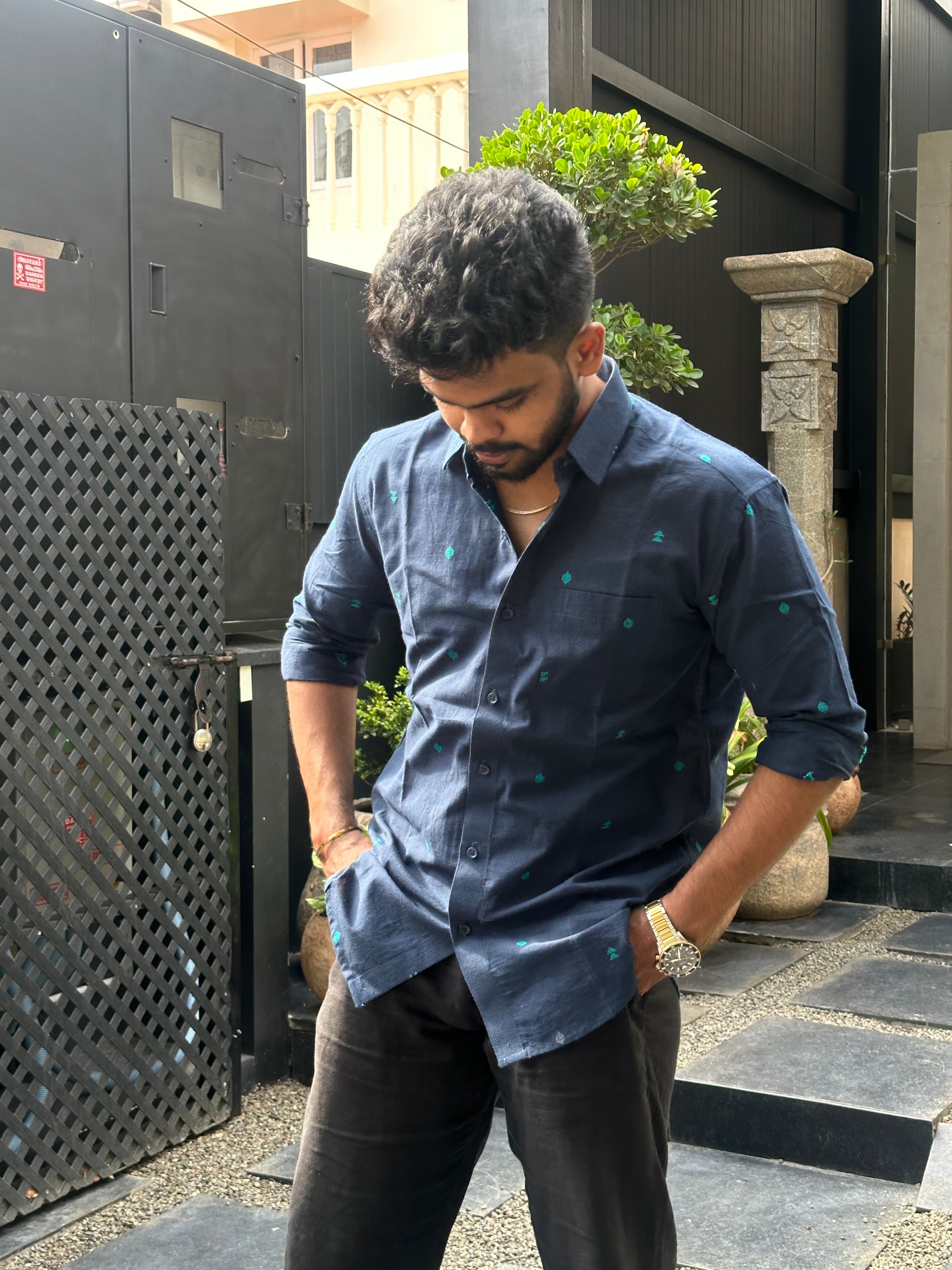 Navy Blue Handloom Shirt with Motifs