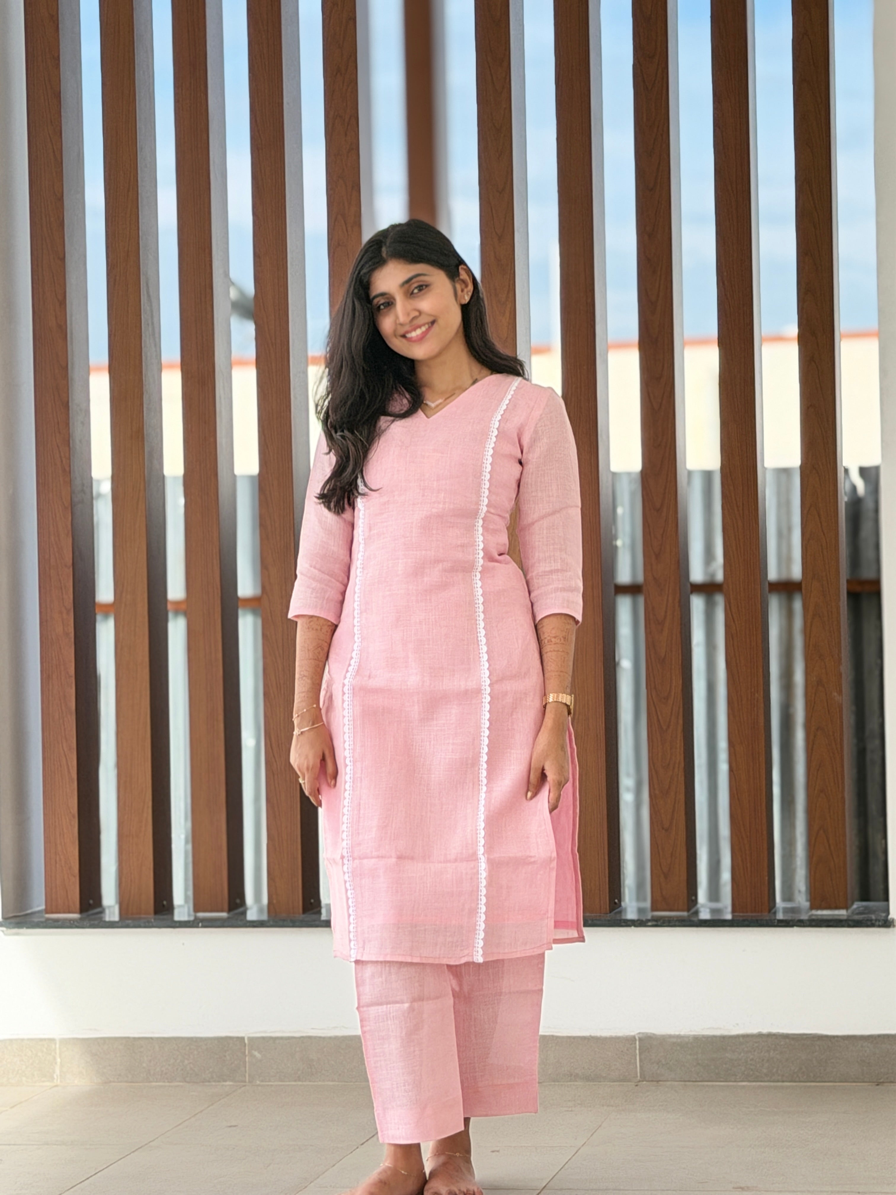 Blush Pink Linen Kurta set