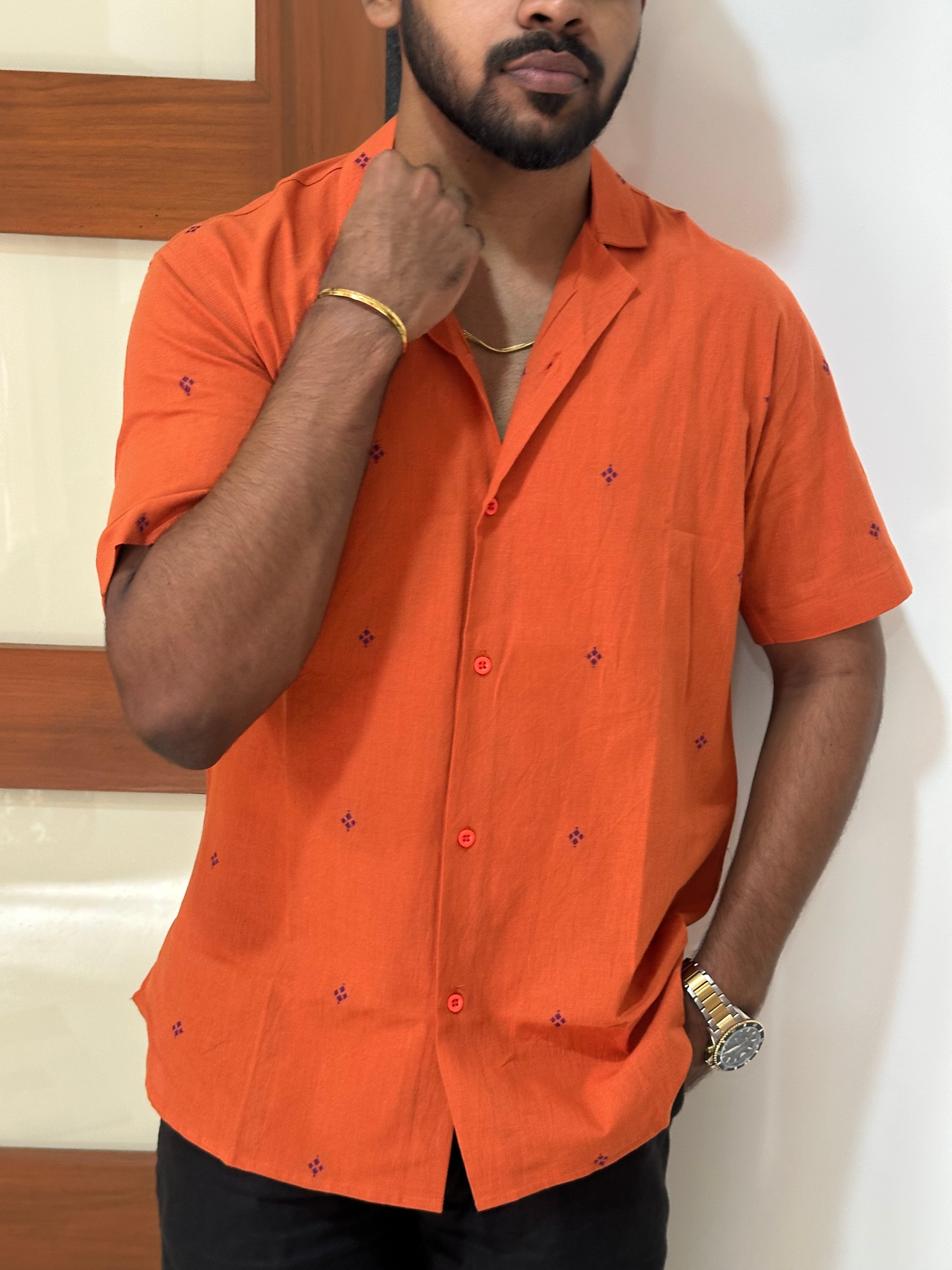 Orange Handloom Shirt with Purple Motifs