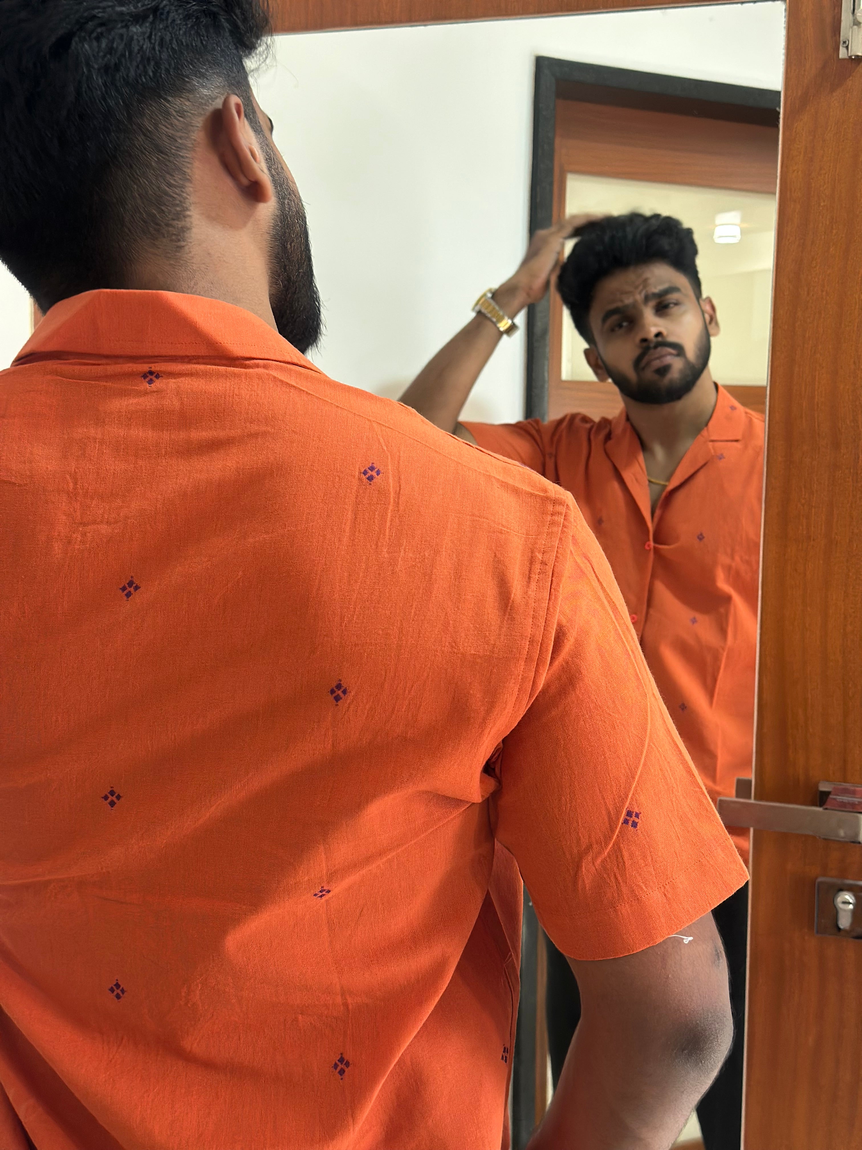 Orange Handloom Shirt with Purple Motifs