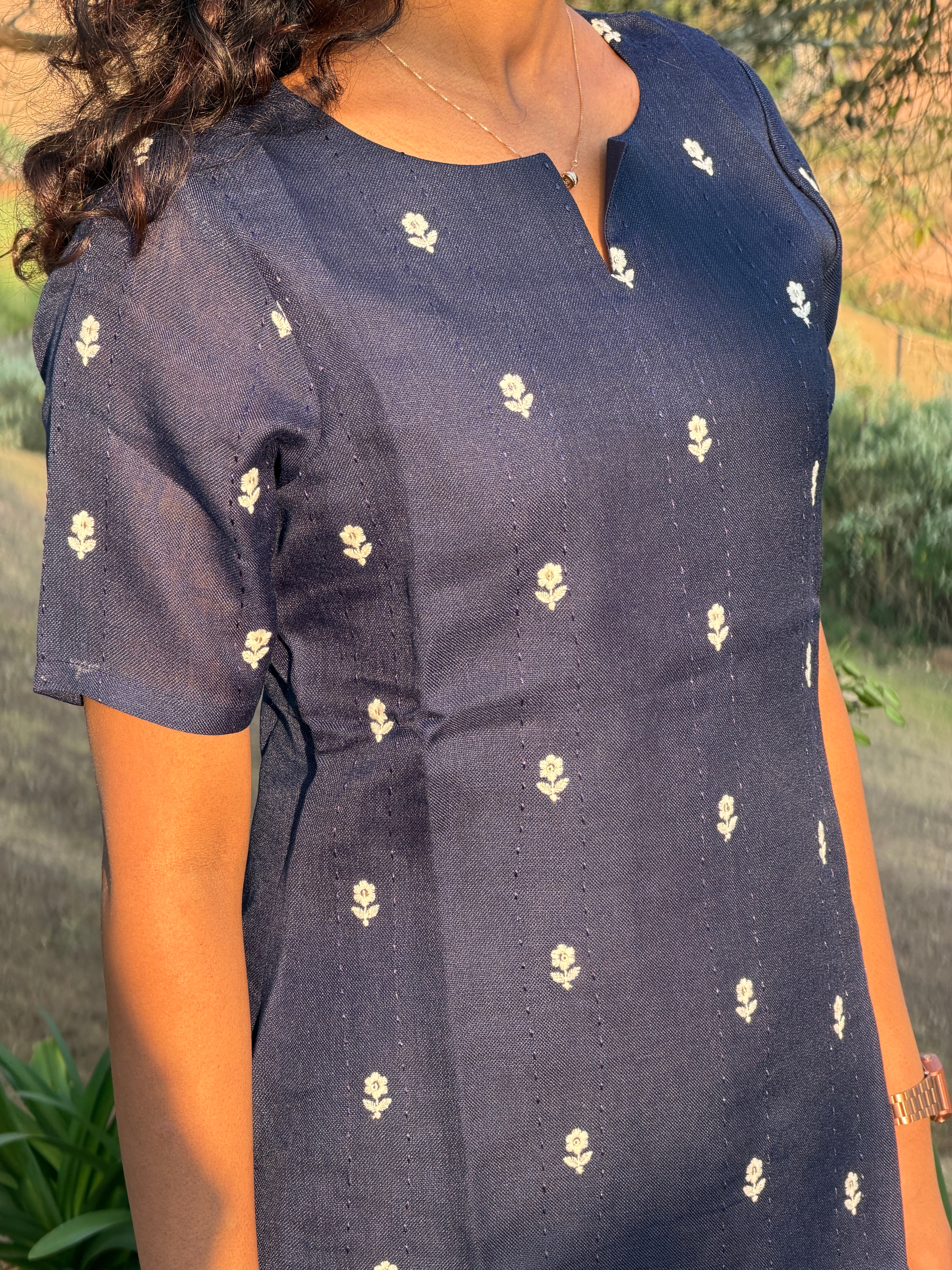 Navy Blue Linen Kurta set