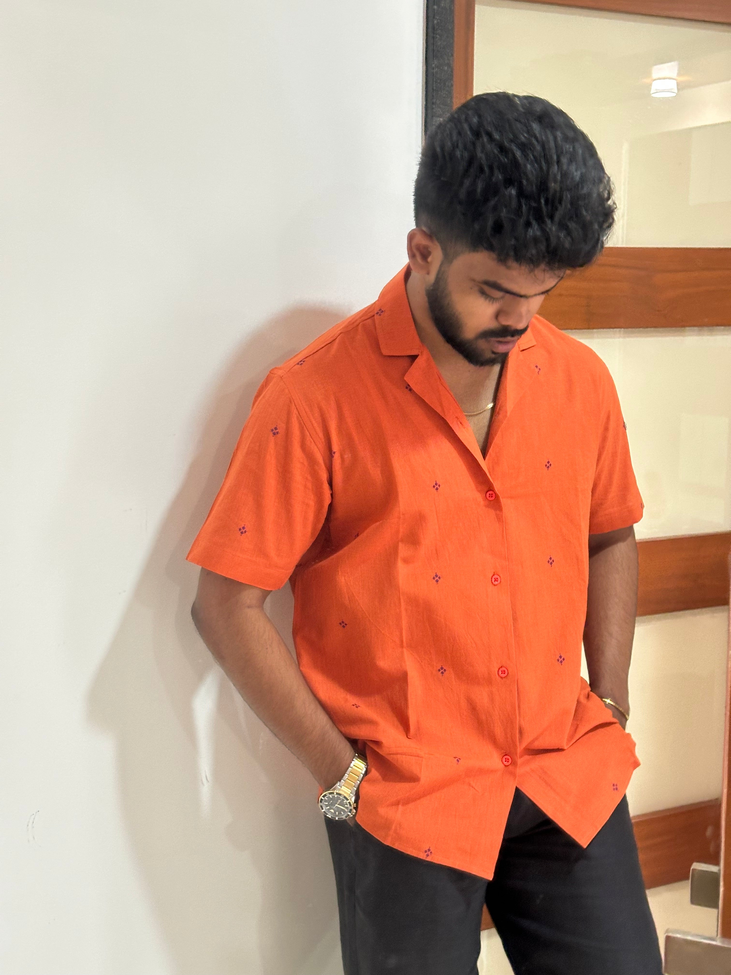 Orange Handloom Shirt with Purple Motifs