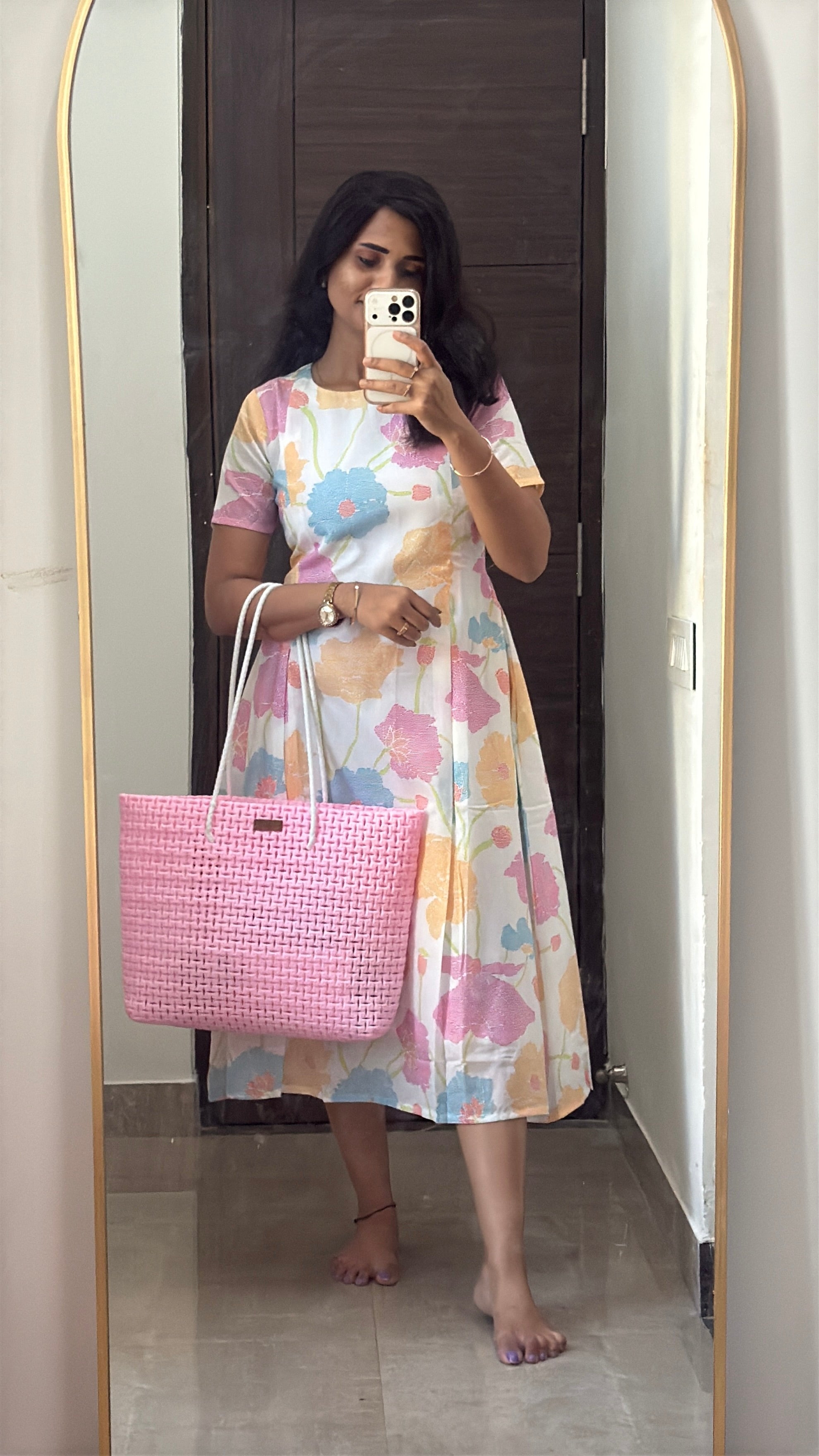 Multicolour Floral White Knot Dress
