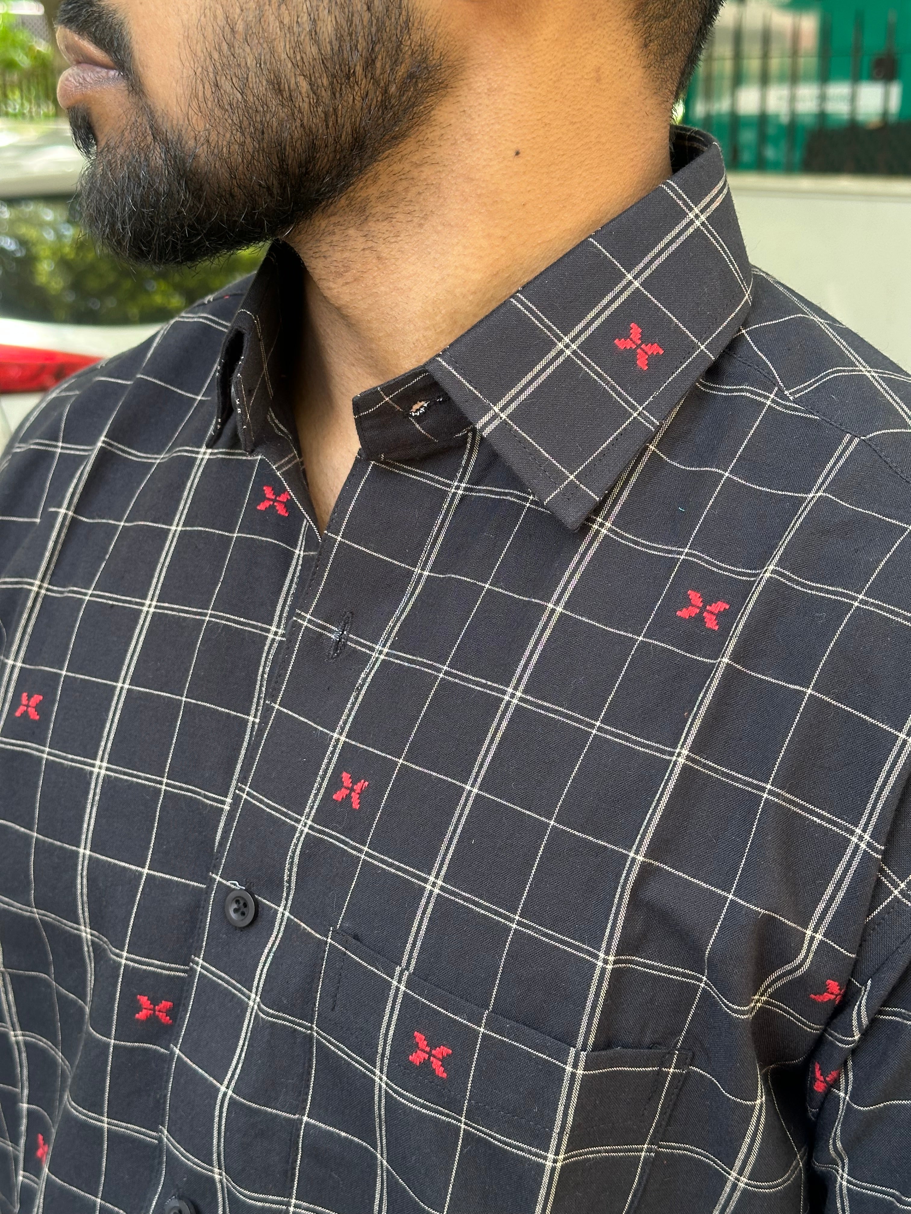 Black Checks Handloom Shirt with Red Motifs
