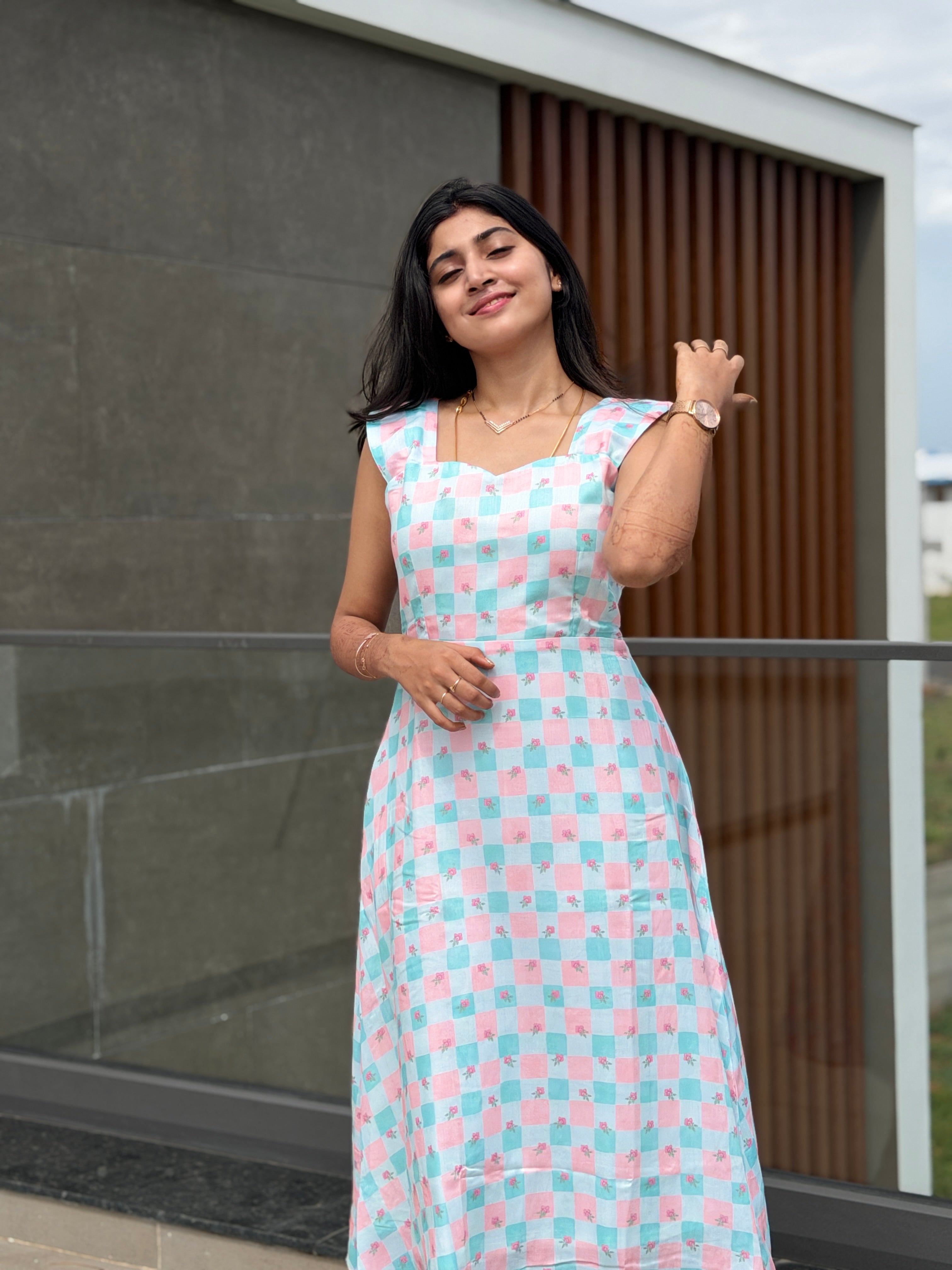 Checks floral Midi Dress