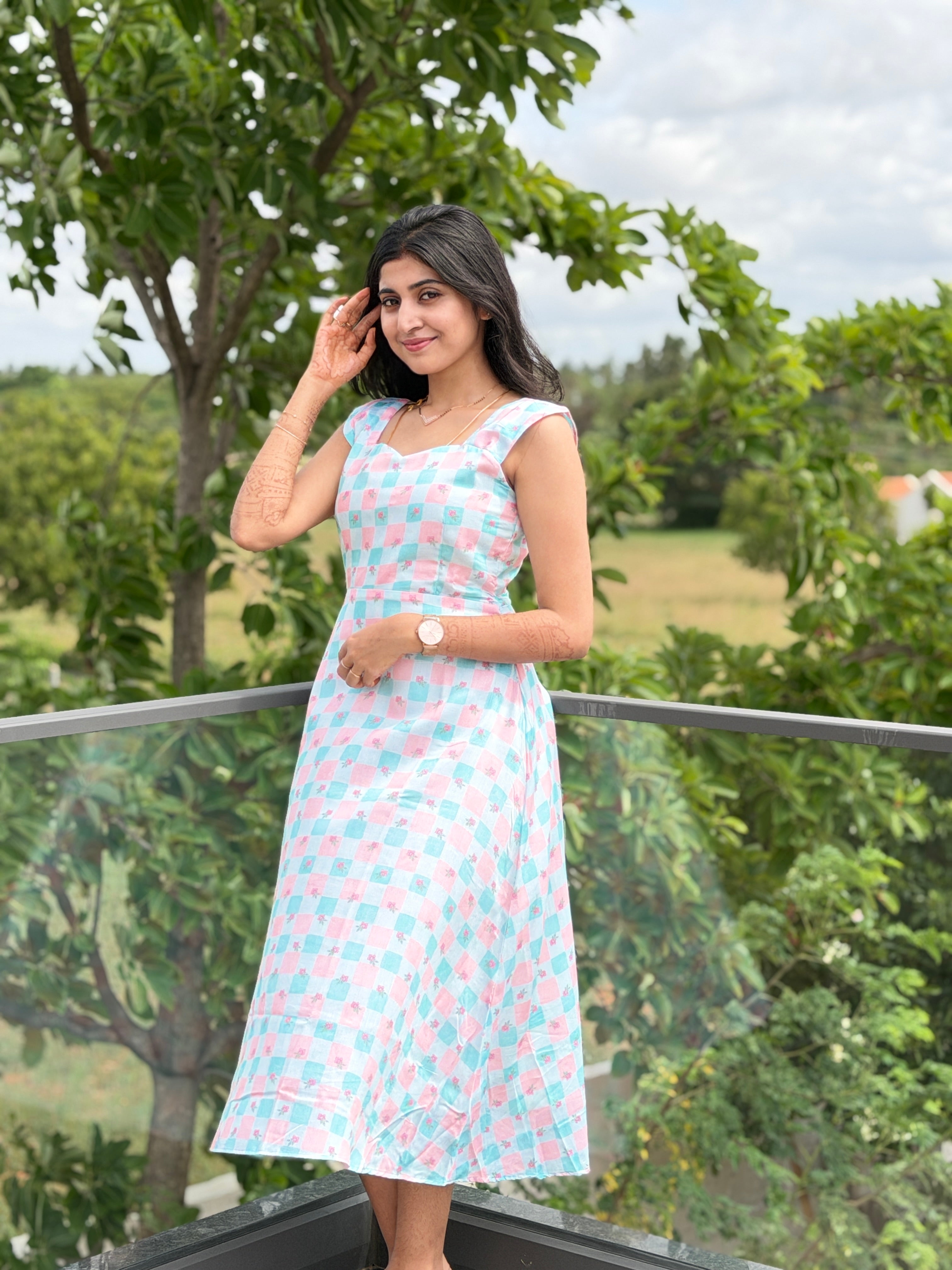 Checks floral Midi Dress