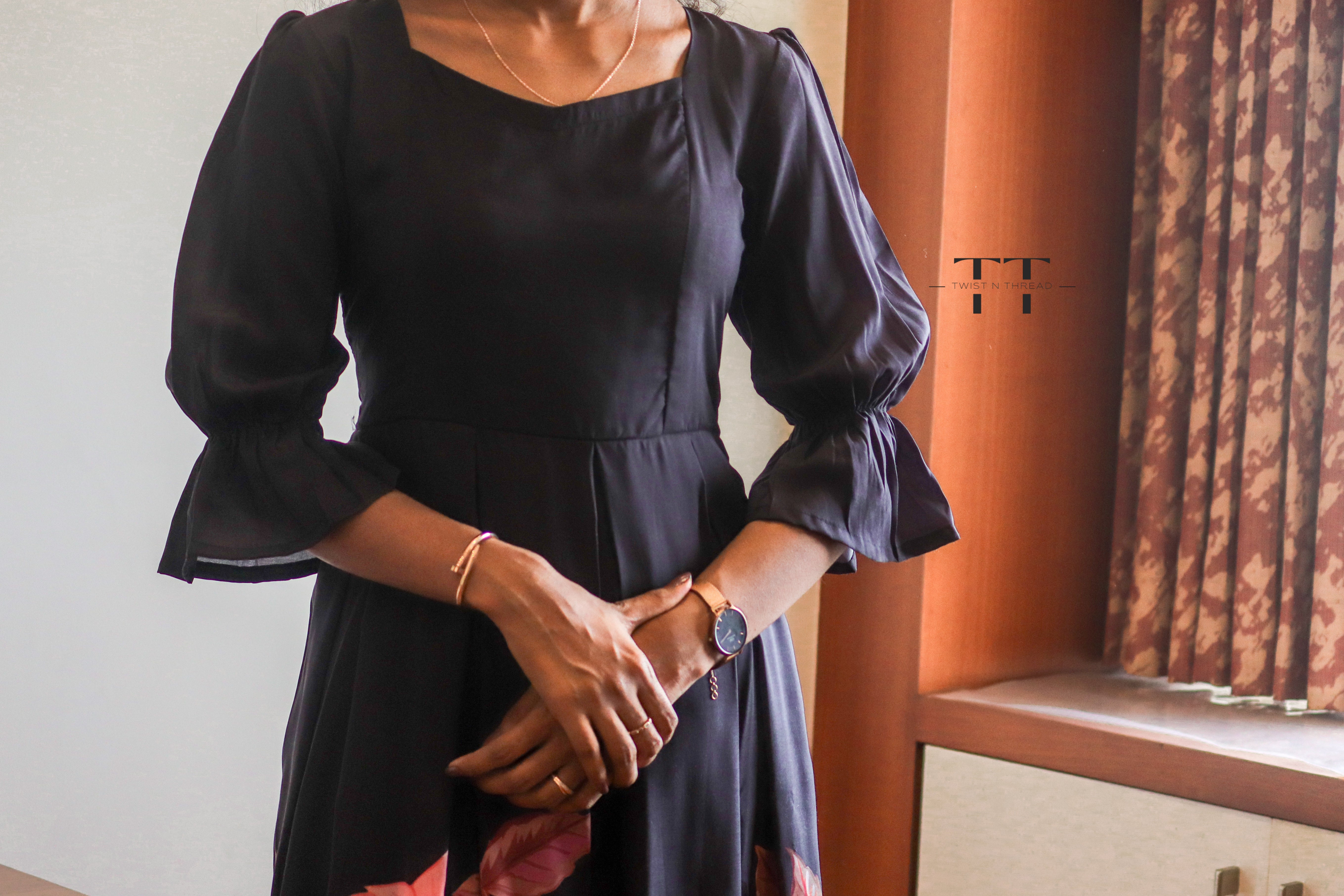 Black floral Pleated Dress
