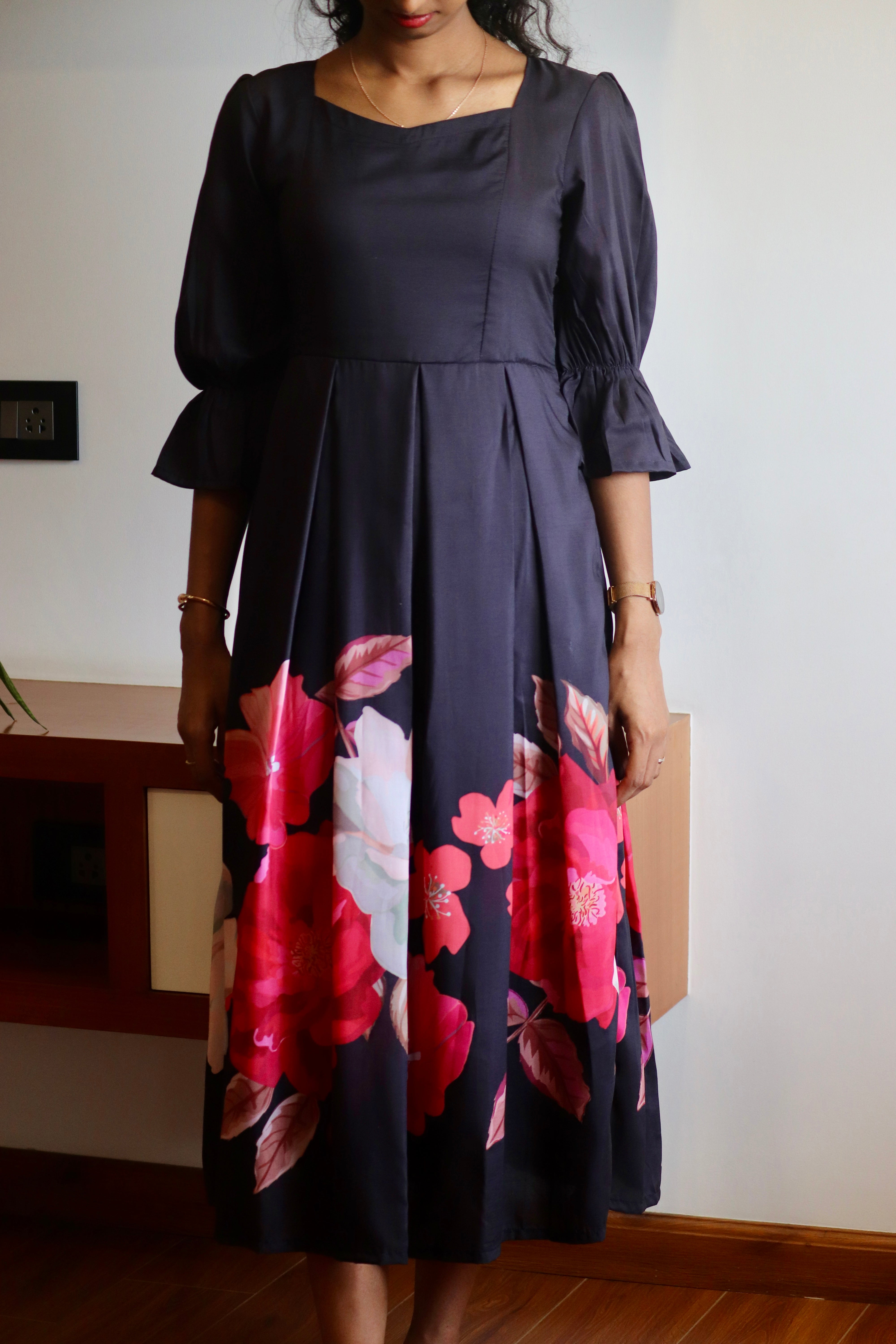 Black floral Pleated Dress