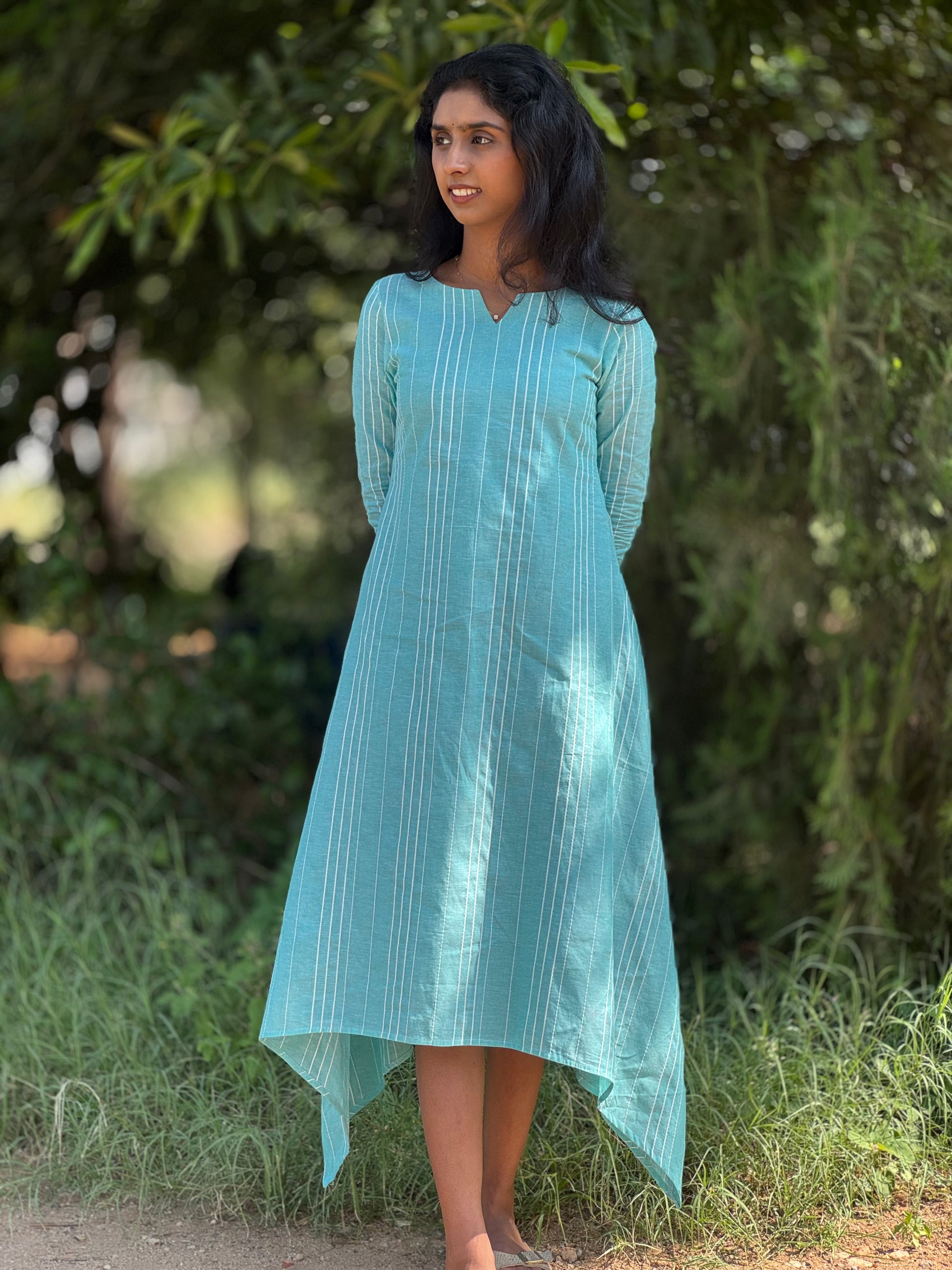 Blue Handloom Cotton Asymmetrical Dress
