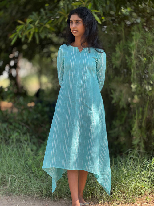Blue Handloom Cotton Asymmetrical Dress