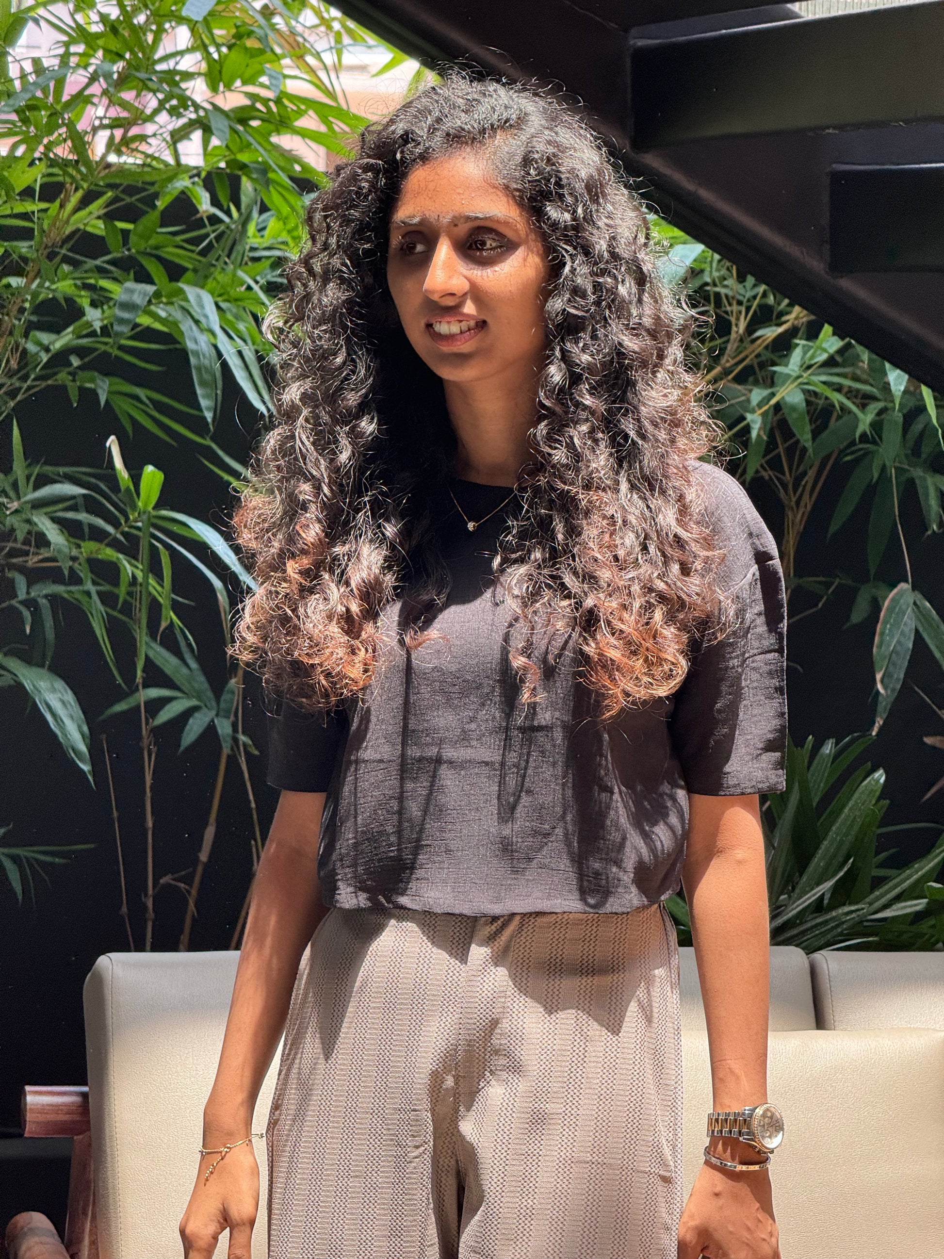 Black Crop Top with Beige Formal Pant